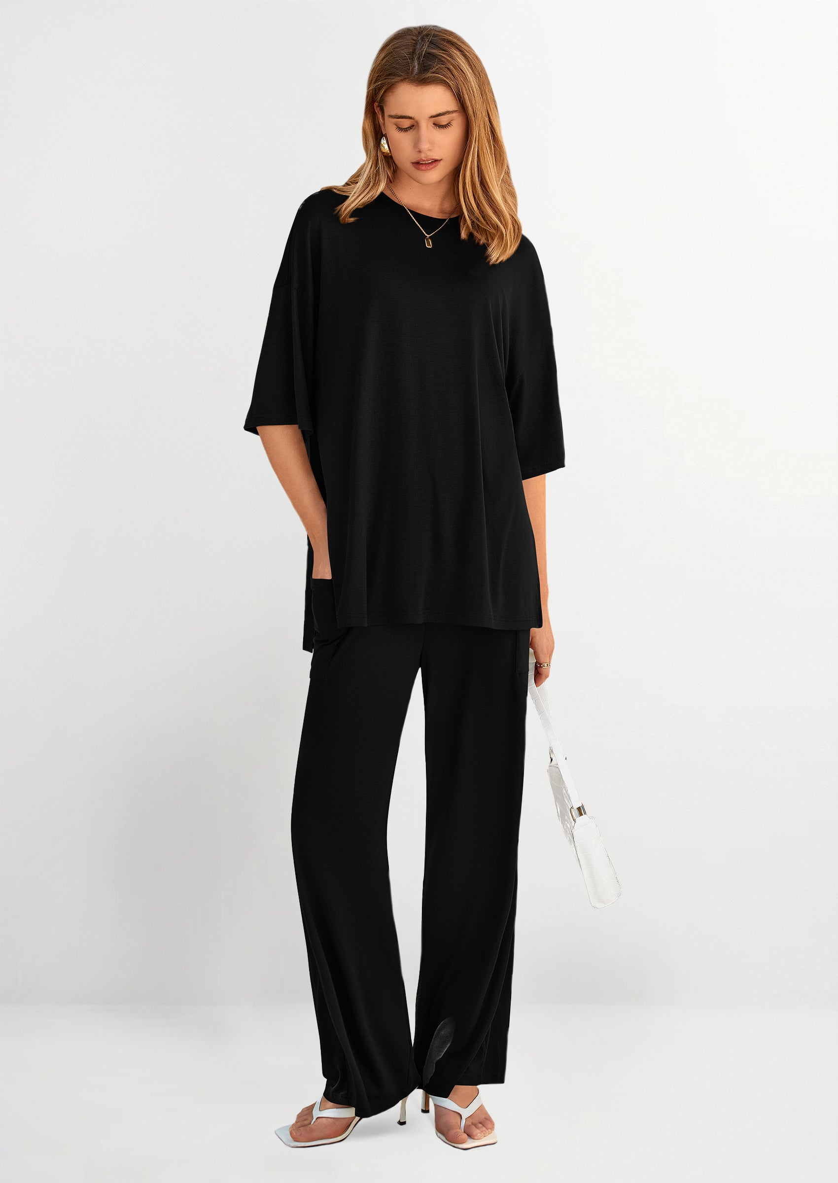 Chichi Women's 2 Piece Outfits Casual Short Sleeve Pullover Tops and Wide Leg Pants Lounge Sets Tracksuits Black