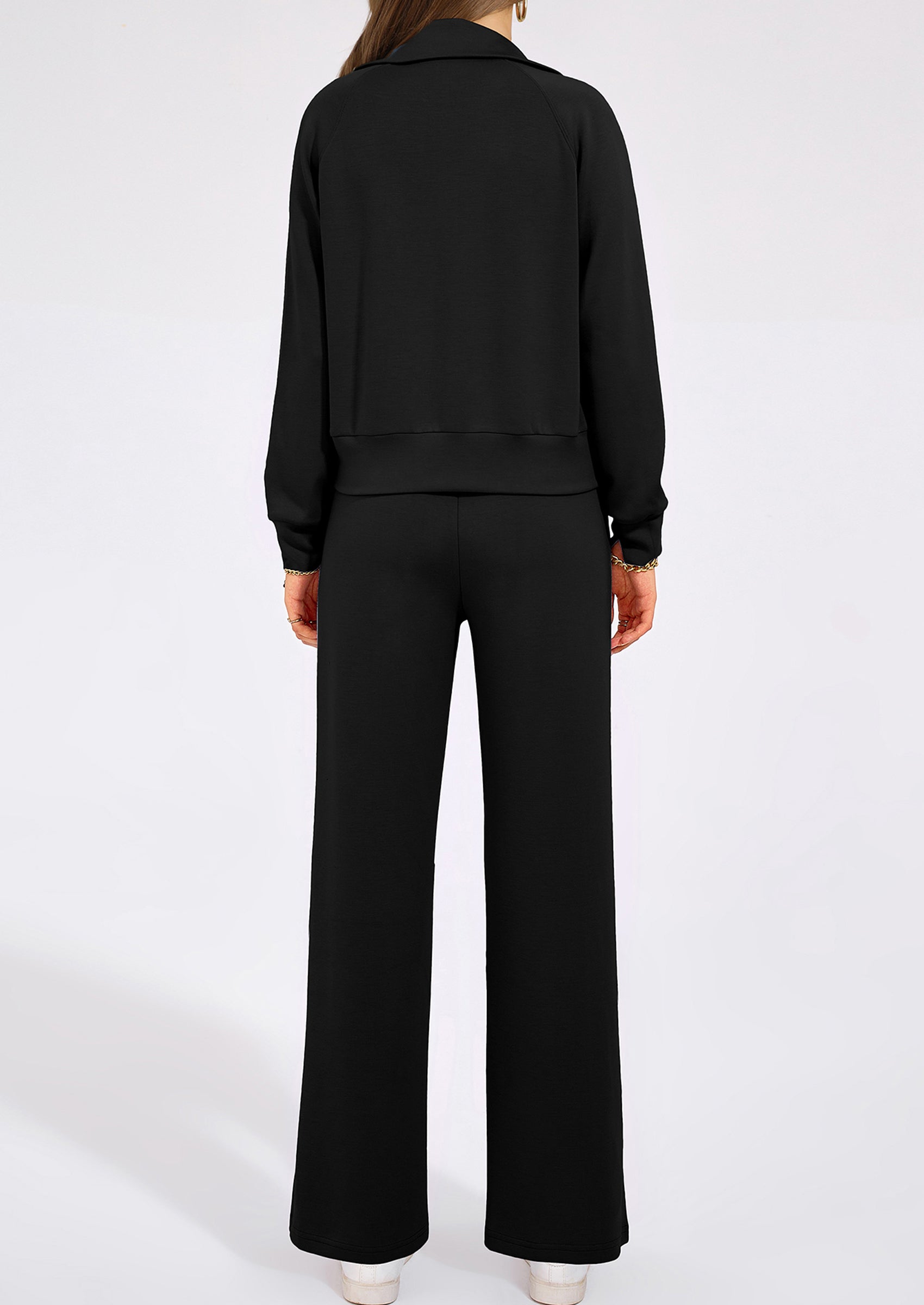 Chichi Women's 2 Piece Outfits Casual Lapel Half Zip Sweatshirts And Wide Leg Pants Tracksuit Sets Black