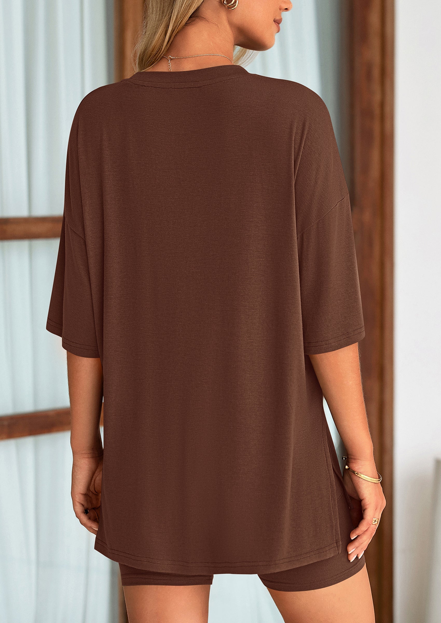 Chichi Women's Two Piece Lounge Set Summer Casual Oversized Shirts Biker Shorts Matching Airport Travel Outfit Light Coffee