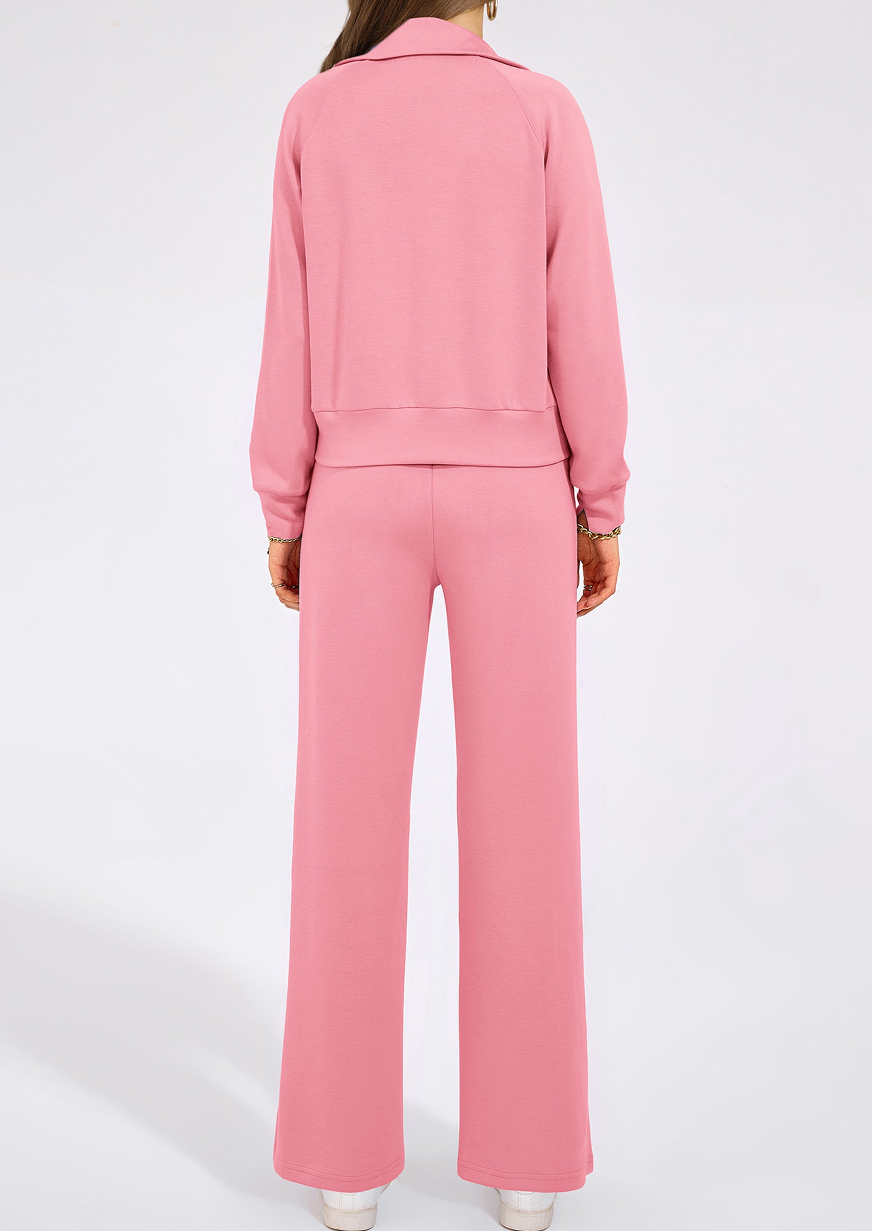 Chichi Women's 2 Piece Outfits Casual Lapel Half Zip Sweatshirts And Wide Leg Pants Tracksuit Sets Pink