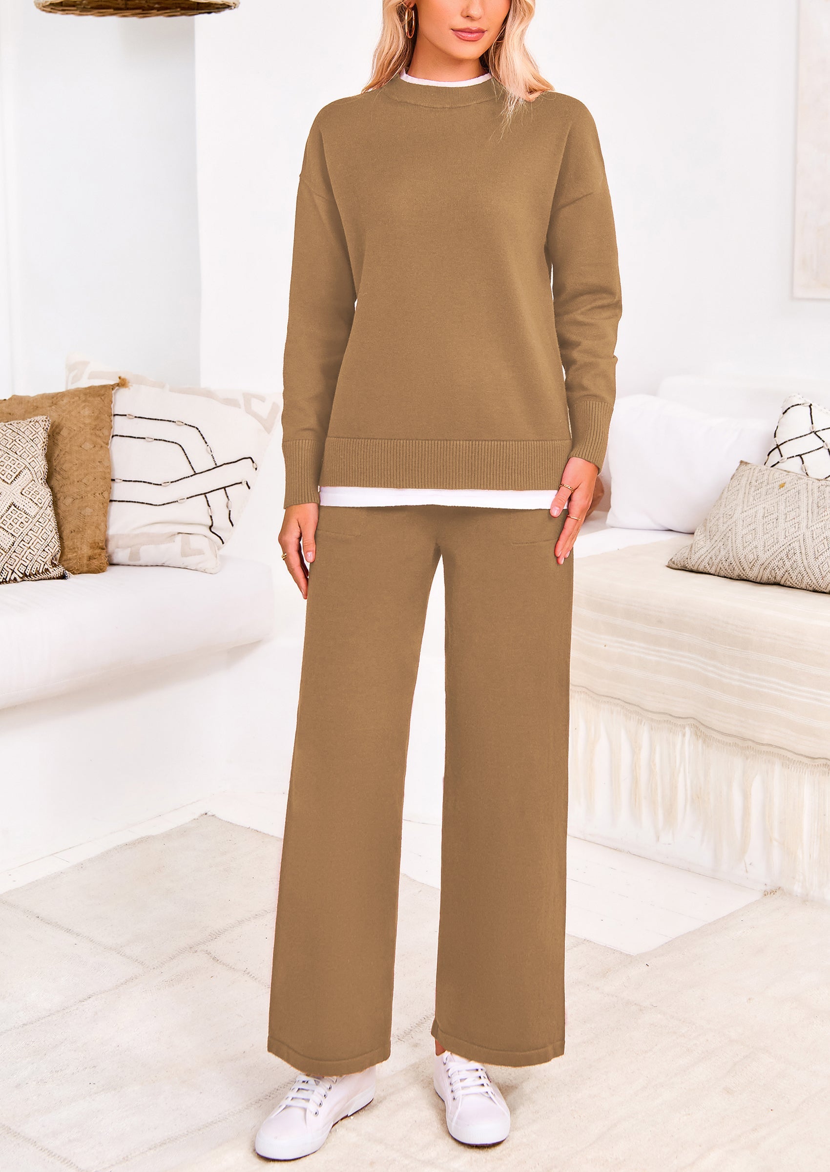 Chichi Two Piece Matching Sweater Lounge Sets Knit Long Sleeve Pullover Tops Wide Leg Pants Beige