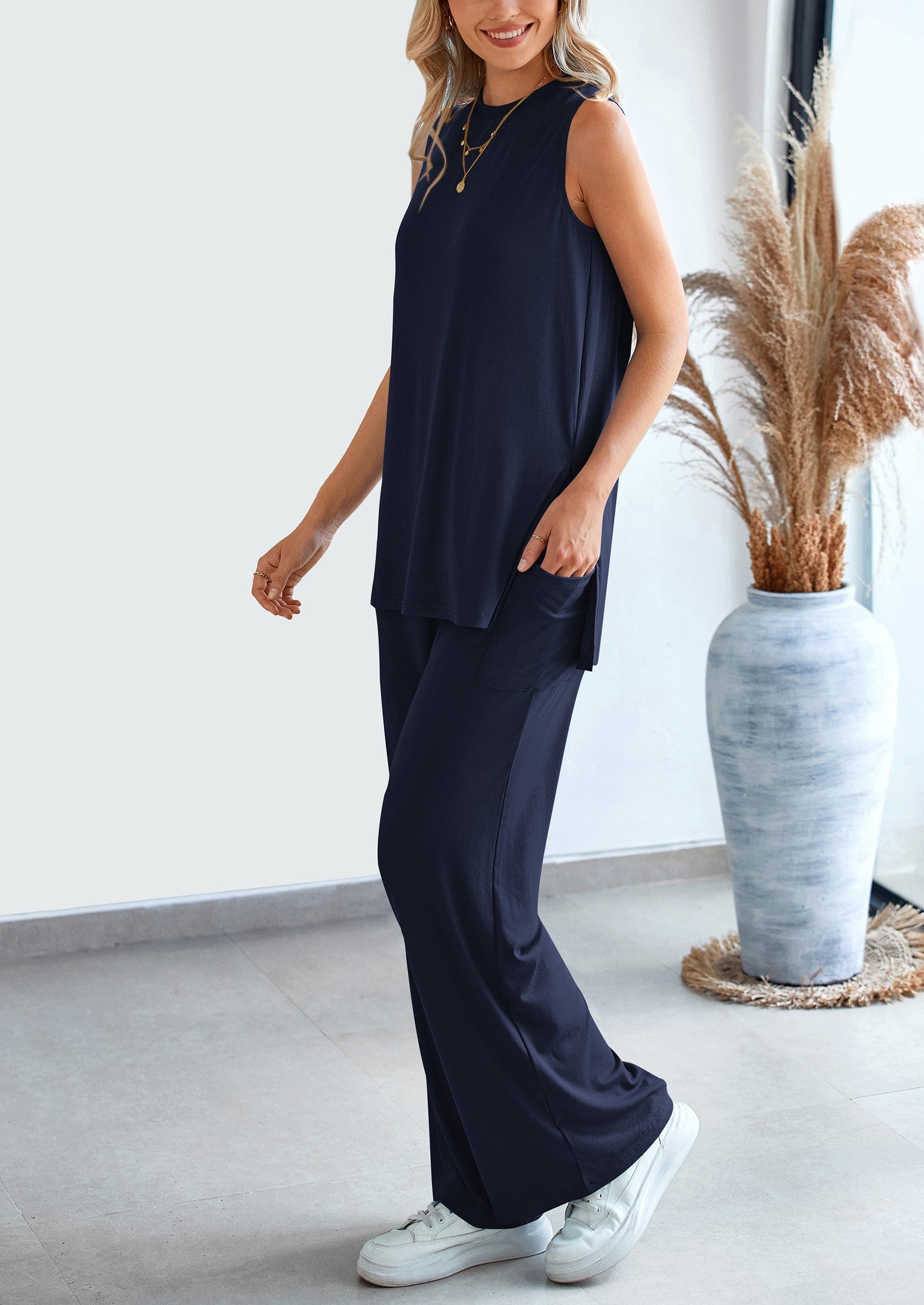 Chichi 2 Piece Set Loose Tank Top Wide Leg Pants Casual Matching Outfits Tracksuit Navy
