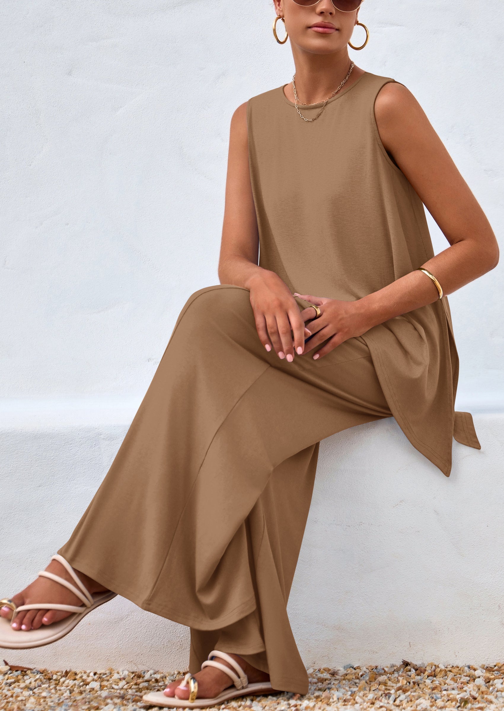 Chichi Women's Two Piece Matching Lounge Sets Asymmetrical Split Tank Tops Wide Leg Pants Summer Outfits Tracksuit Khaki