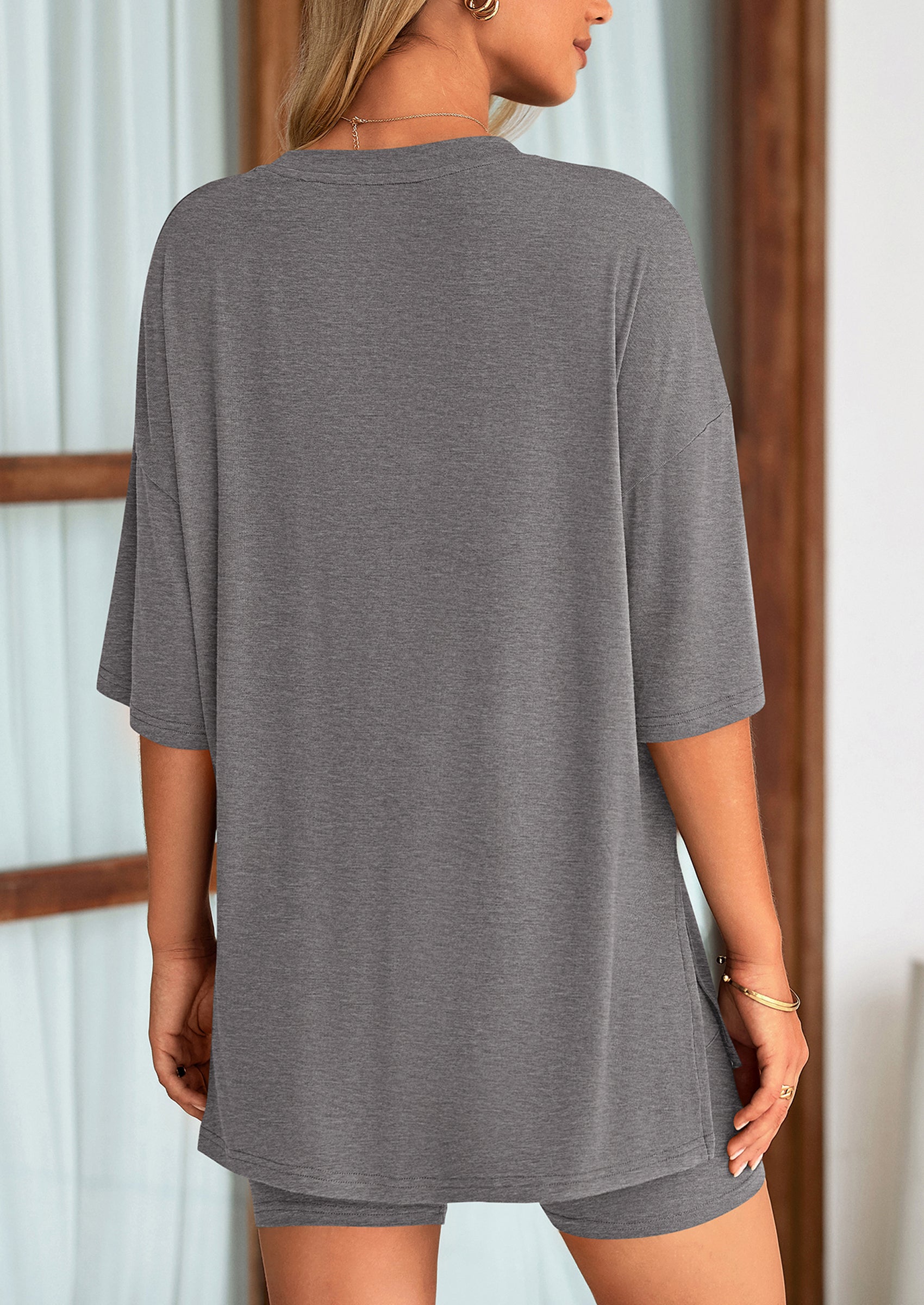 Chichi Women's Two Piece Lounge Set Summer Casual Oversized Shirts Biker Shorts Matching Airport Travel Outfit Dark Grey