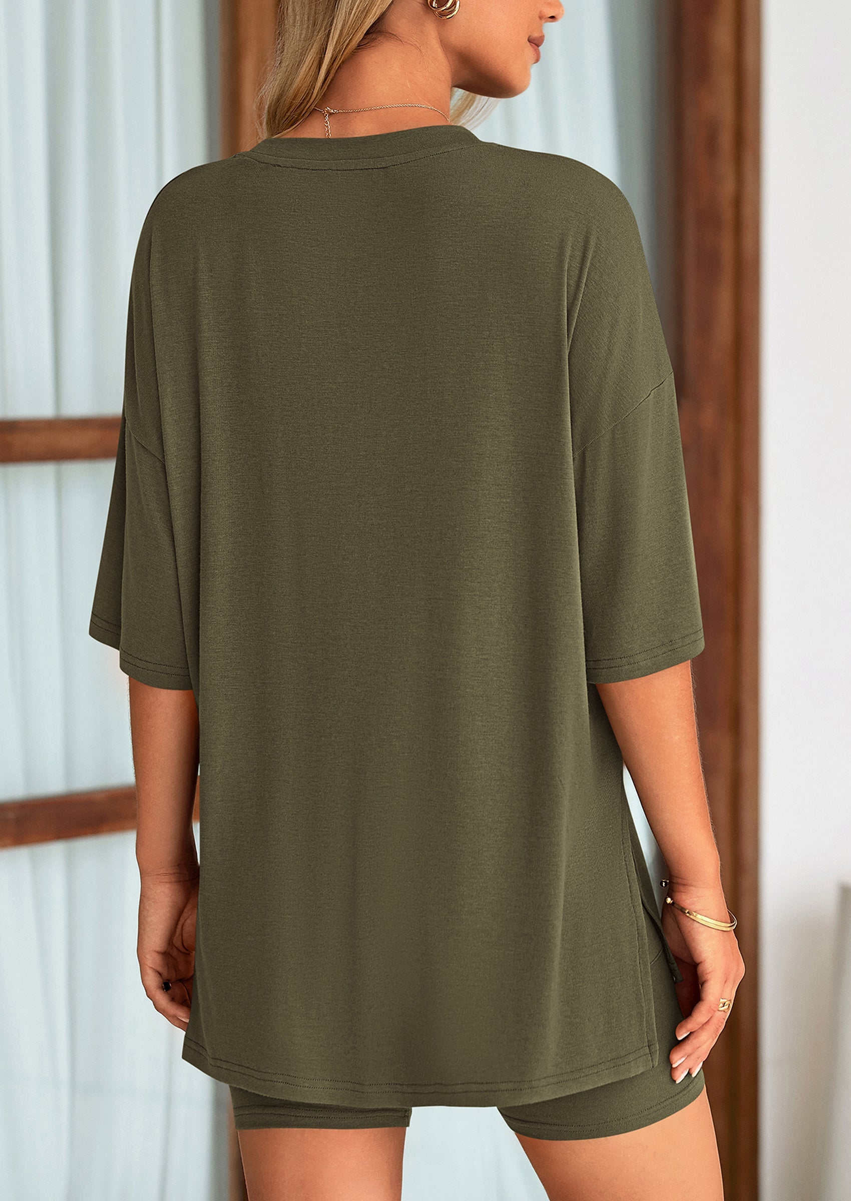 Chichi Women's Two Piece Lounge Set Summer Casual Oversized Shirts Biker Shorts Matching Airport Travel Outfit Army Green