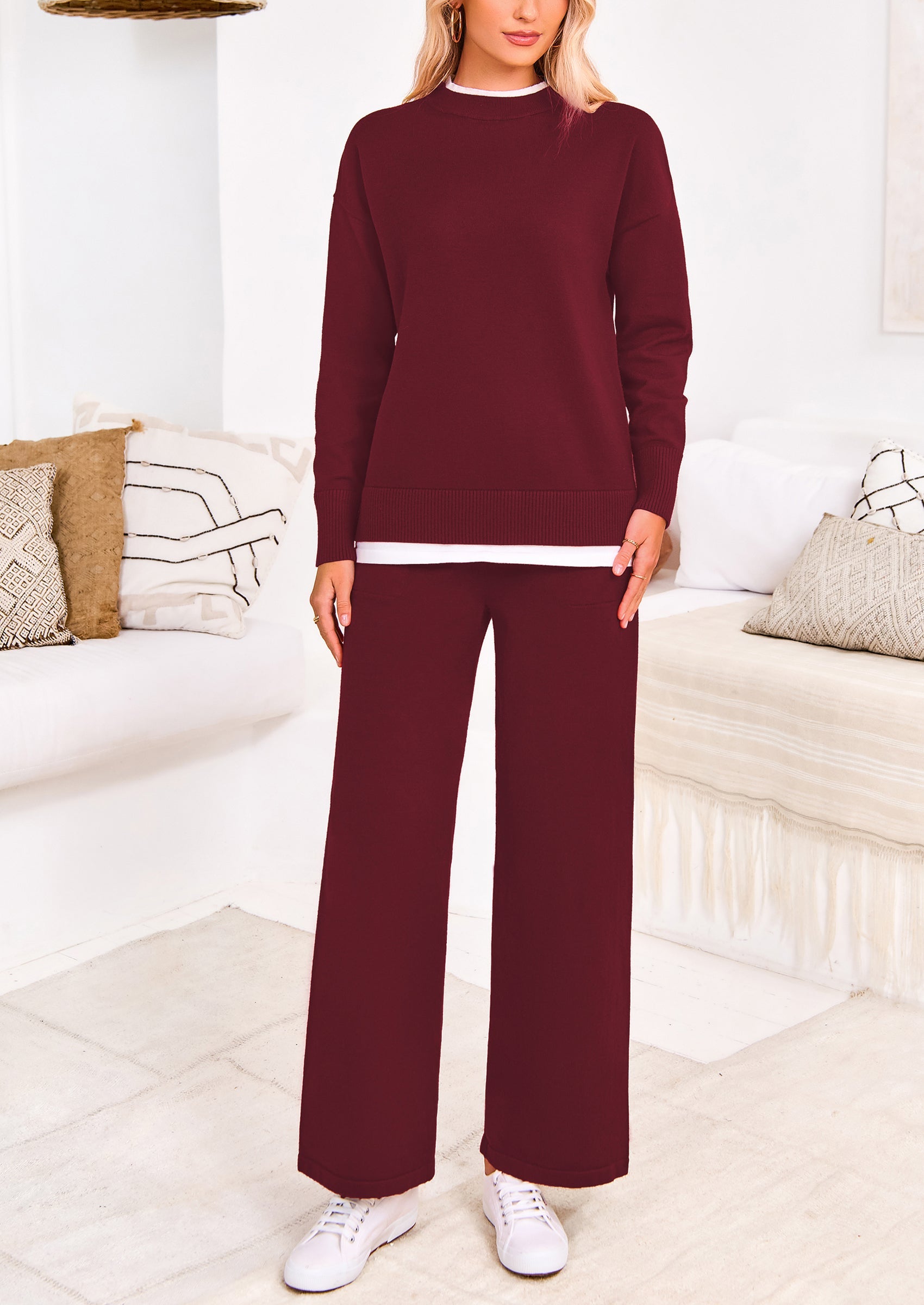 Chichi Two Piece Matching Sweater Lounge Sets Knit Long Sleeve Pullover Tops Wide Leg Pants Wine Red