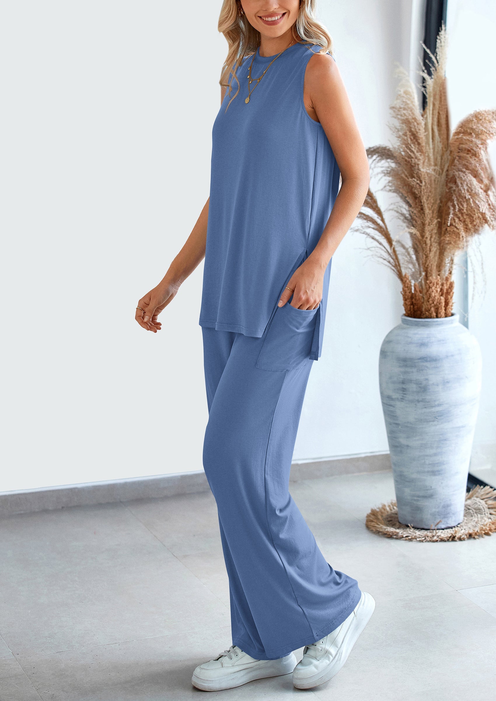 Chichi 2 Piece Set Loose Tank Top Wide Leg Pants Casual Matching Outfits Tracksuit Blue