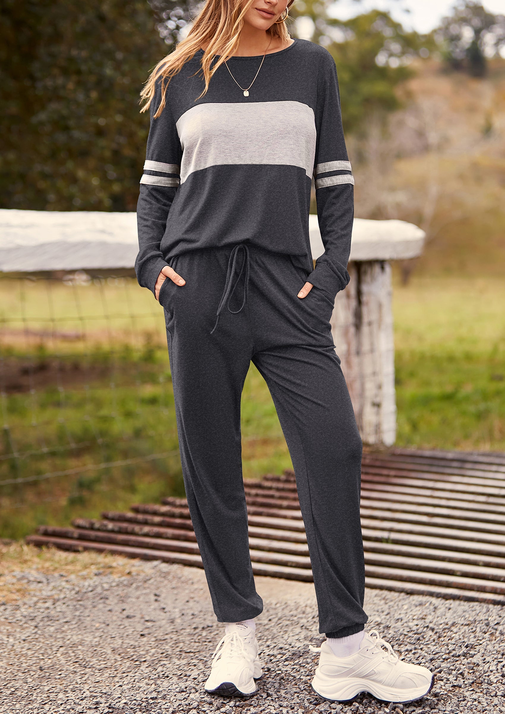 Chichi Women's Color Block 2 Piece Spring Tracksuit Crewneck Long Sleeve Tops Long Sweatpants Outfits Lounge Sets Dark Grey