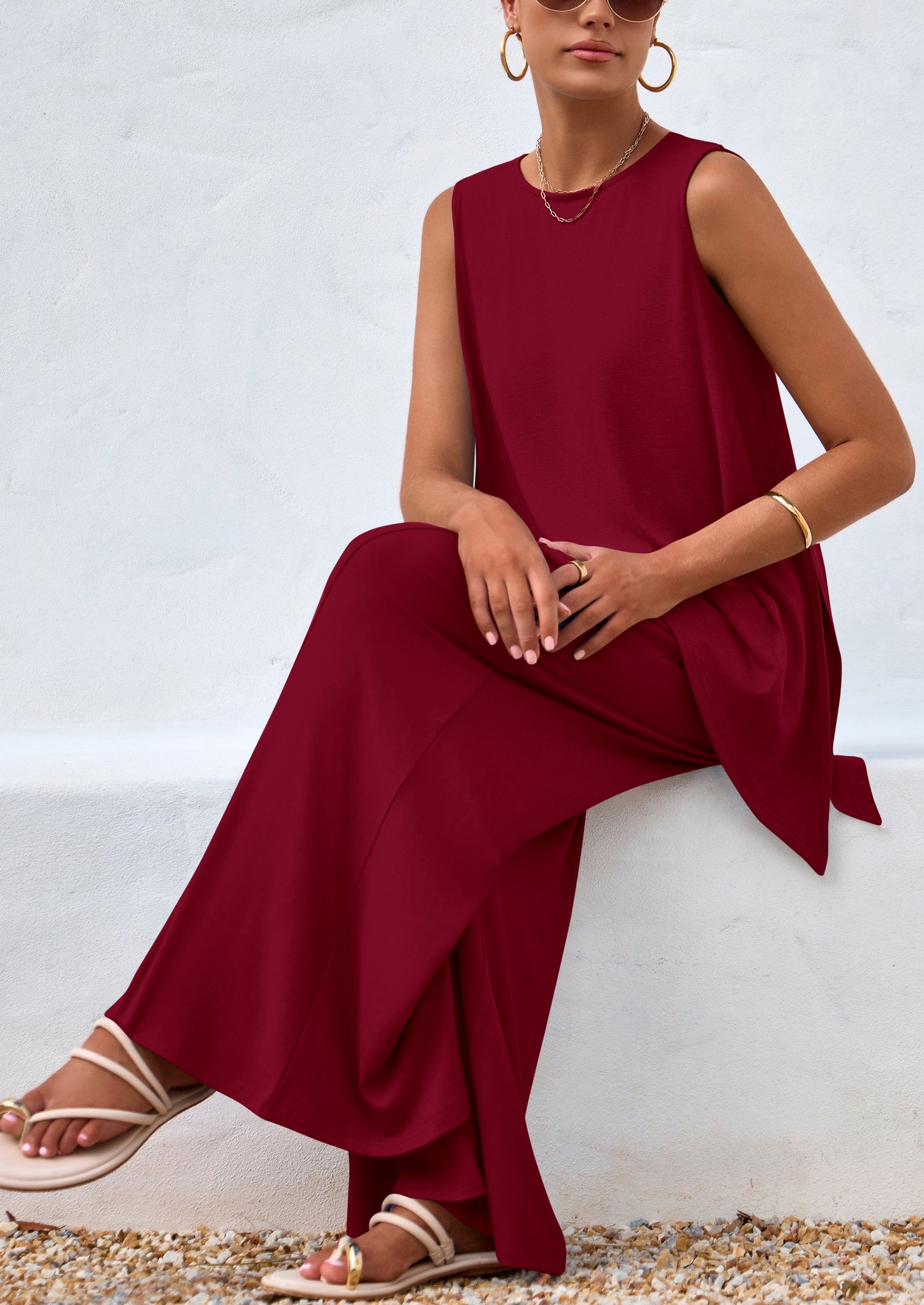 Chichi Women's Two Piece Matching Lounge Sets Asymmetrical Split Tank Tops Wide Leg Pants Summer Outfits Tracksuit Wine Red