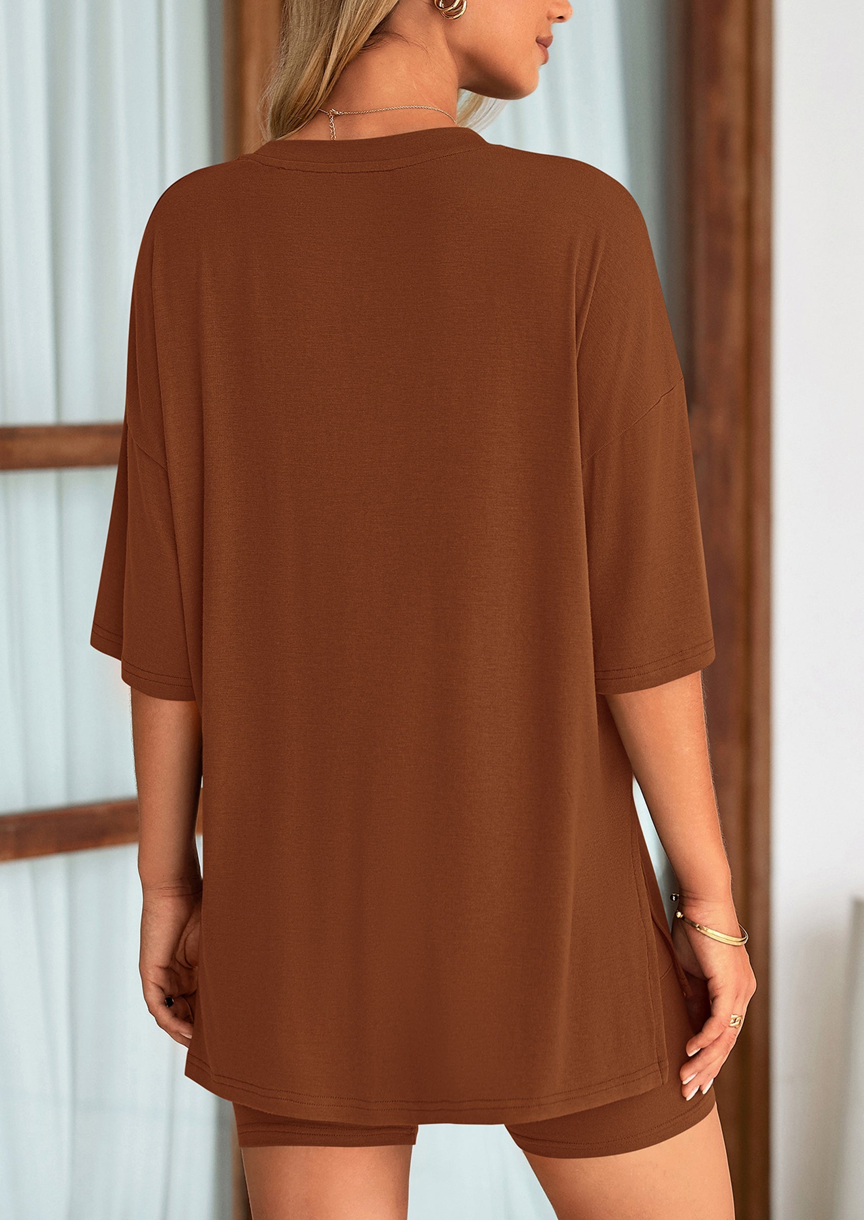 Chichi Women's Two Piece Lounge Set Summer Casual Oversized Shirts Biker Shorts Matching Airport Travel Outfit Brown