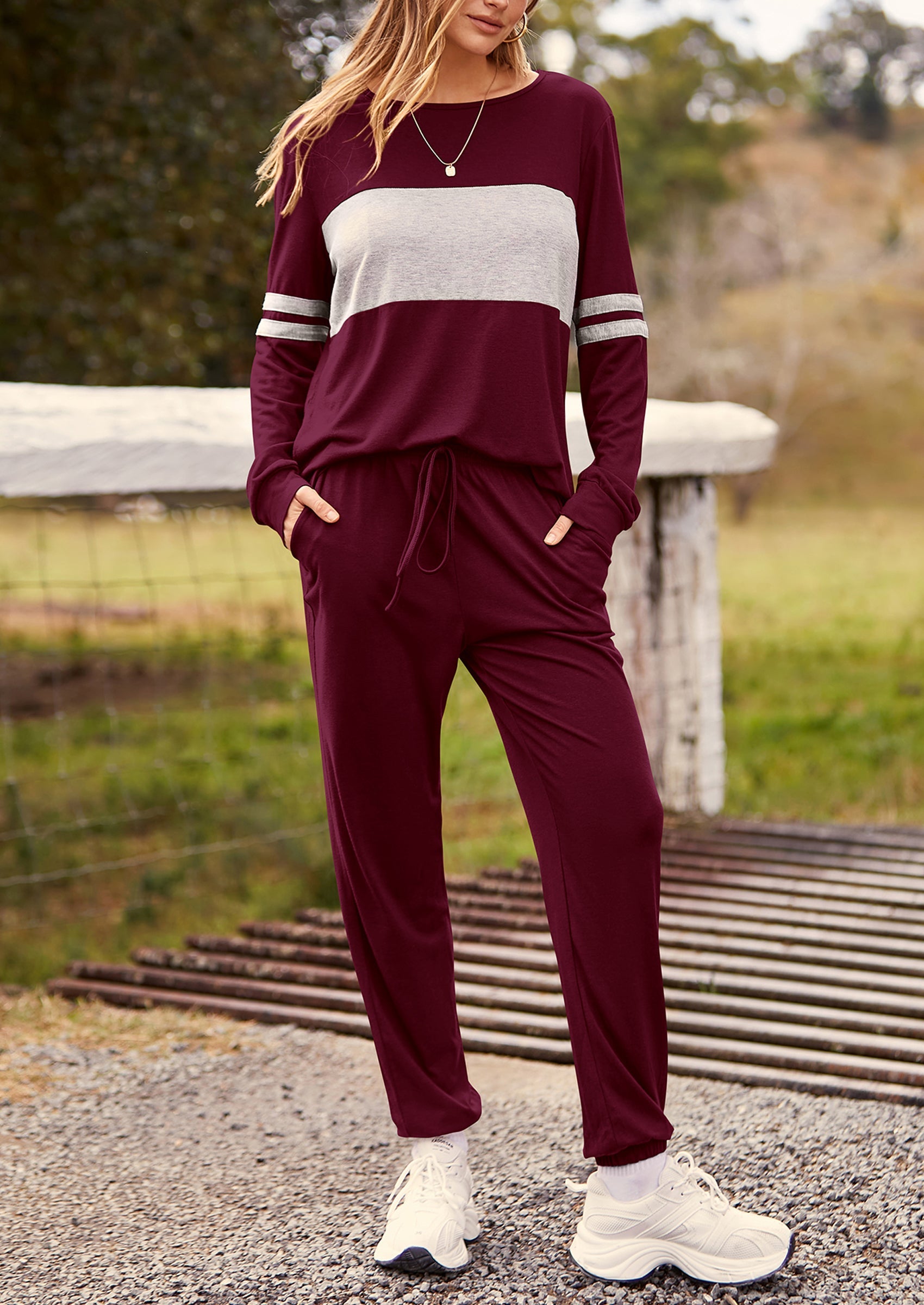 Chichi Women's Color Block 2 Piece Spring Tracksuit Crewneck Long Sleeve Tops Long Sweatpants Outfits Lounge Sets Wine Red