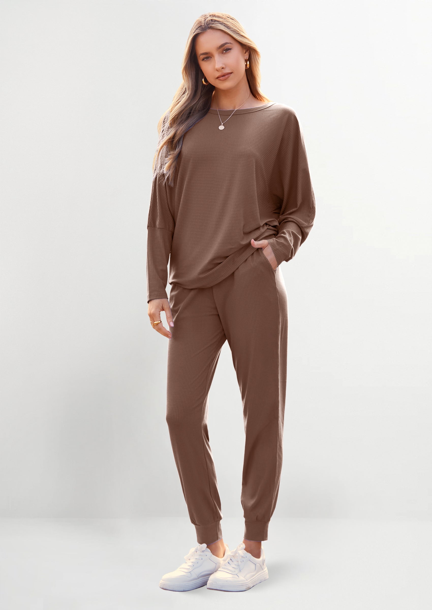 Chichi Women's Fall 2 Piece Lounge Set Long Sleeve Tops Ribbed Pants Spring Matching Sweatsuit Travel Outfits Clothes Coffee
