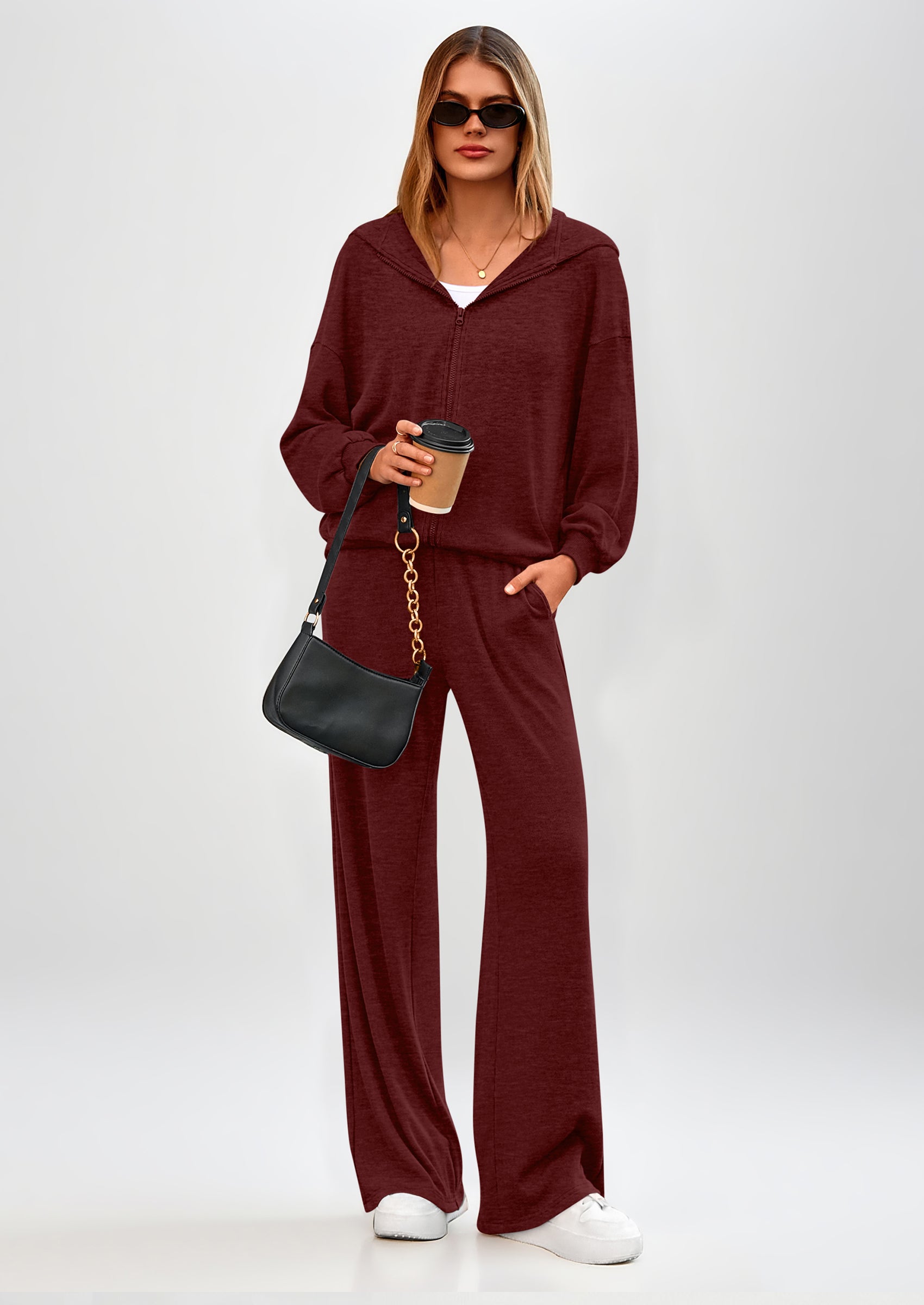 Chichi Women's 2 Piece Fall Lounge Sets Zip Up Hoodie Wide Leg Pants Tracksuit Matching Travel Outfits Clothes Burgundy