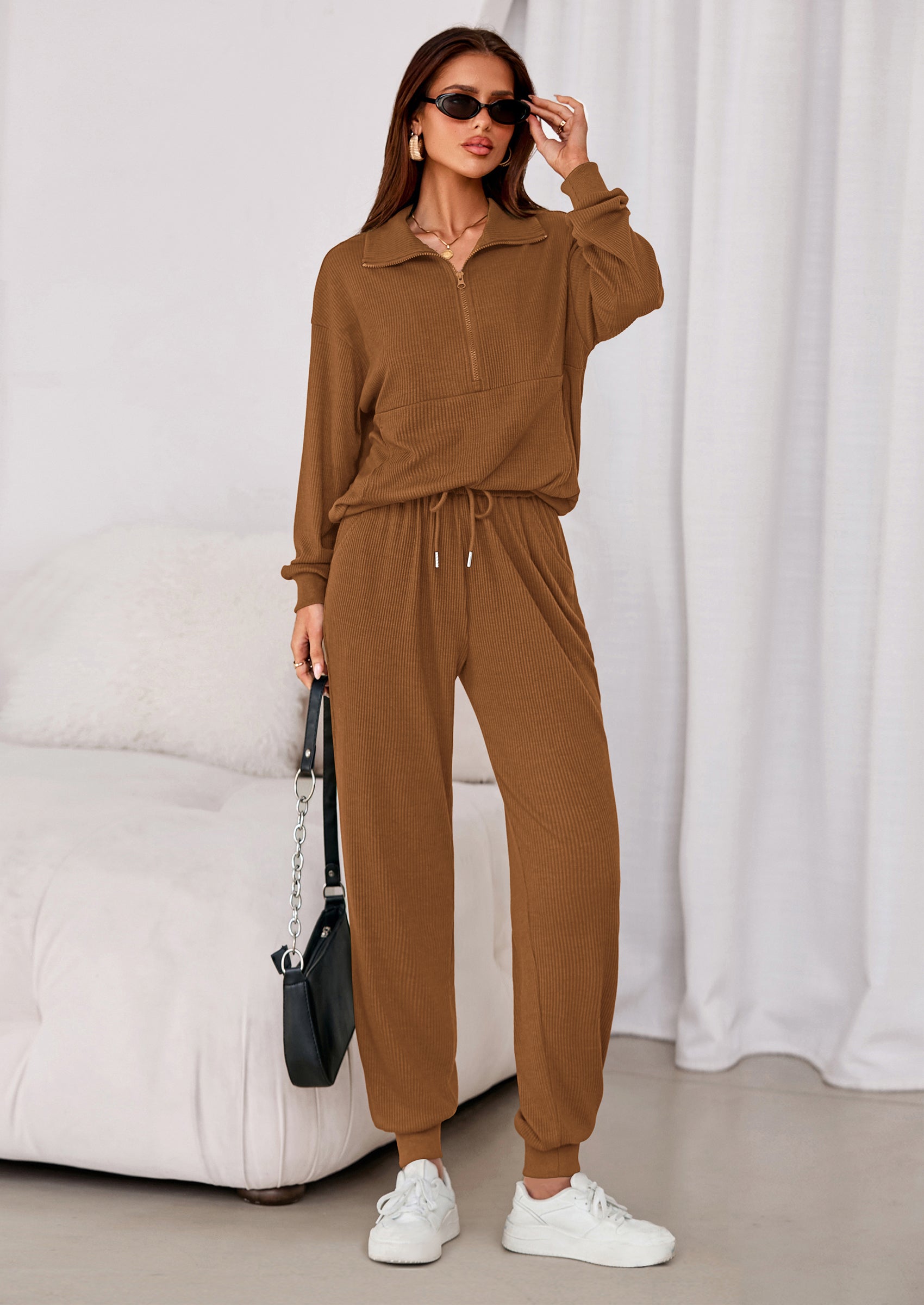 Chichi Women's Fall 2 Piece Lounge Sets Zip Up Sweatshirt Jogger Pants Sweat Track Suits Travel Outfit Winter Clothing Dark Khaki