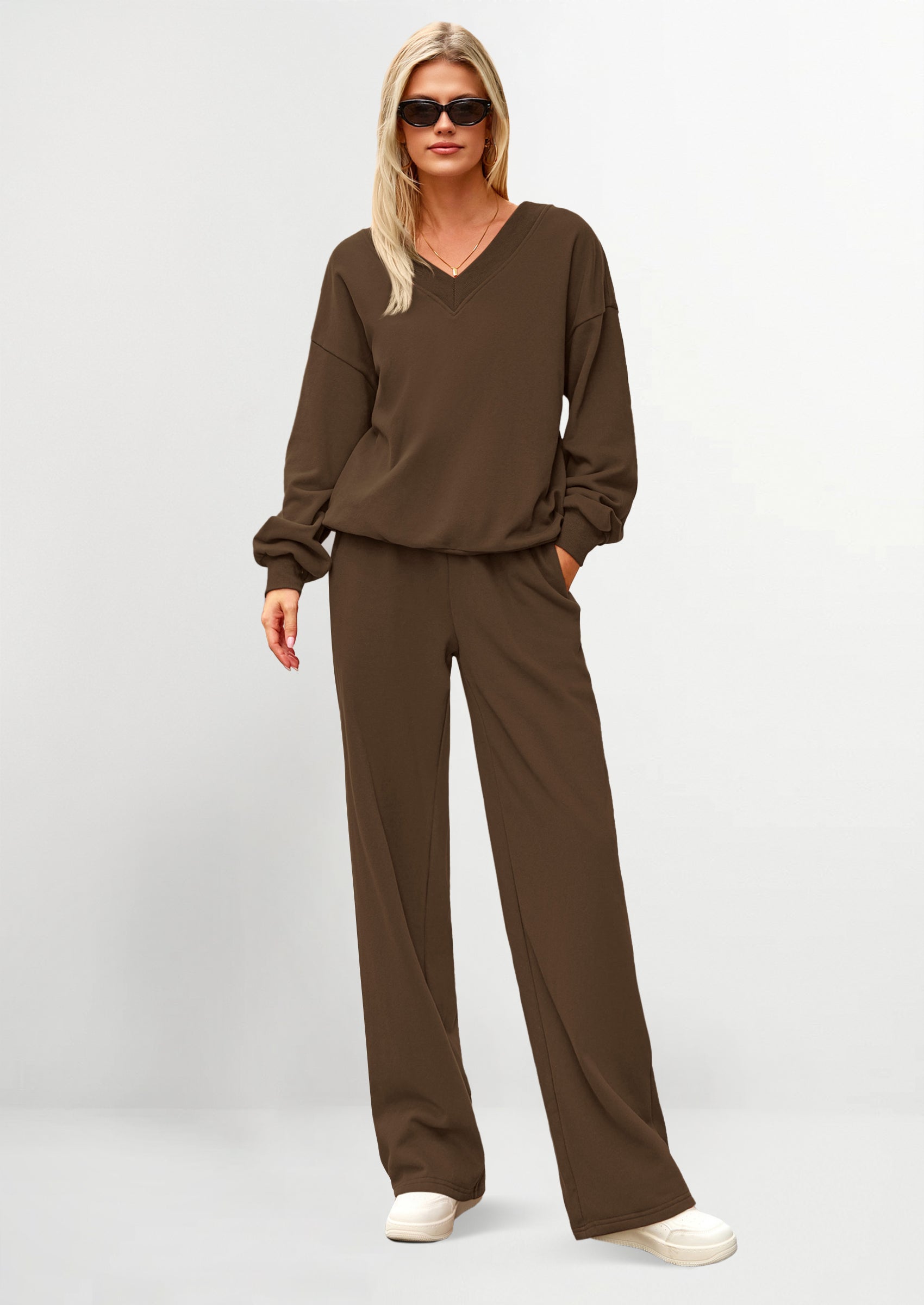 Chichi Casual Winter Two Piece Sets for Women V Neck Sweatshirt Loose Wide Leg Pants Tracksuit Knit Fall Outfits Brown