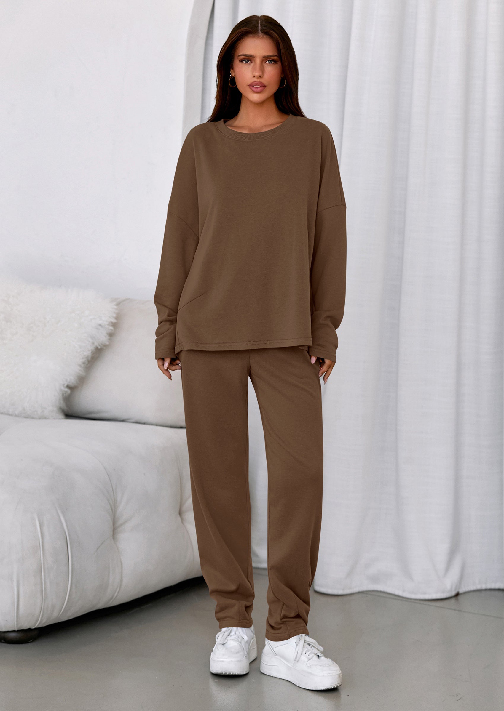 Chichi Womens 2 Piece Matching Lounge Sets Fall Long Sleeve Boatneck Sweatsuit Drawstring Sweatpants Pockets Brown