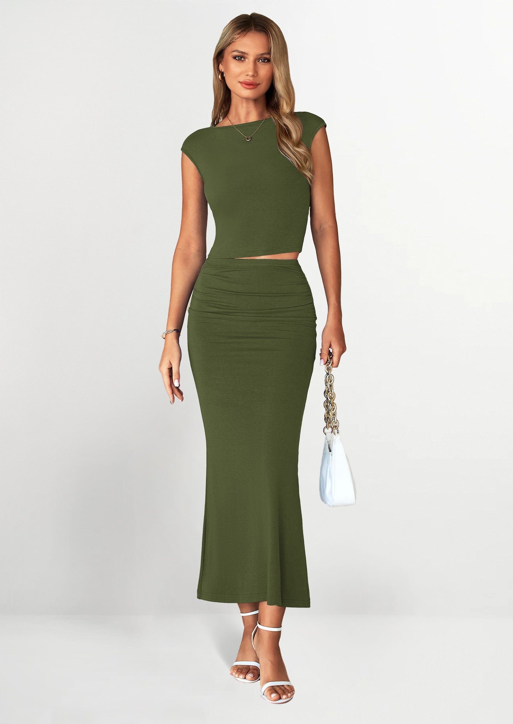 Chichi Summer 2 Piece Sets for Women Going Out Casual Cap Sleeve Crop Tops Ruched Maxi Long Skirts Spring Outfits Army Green