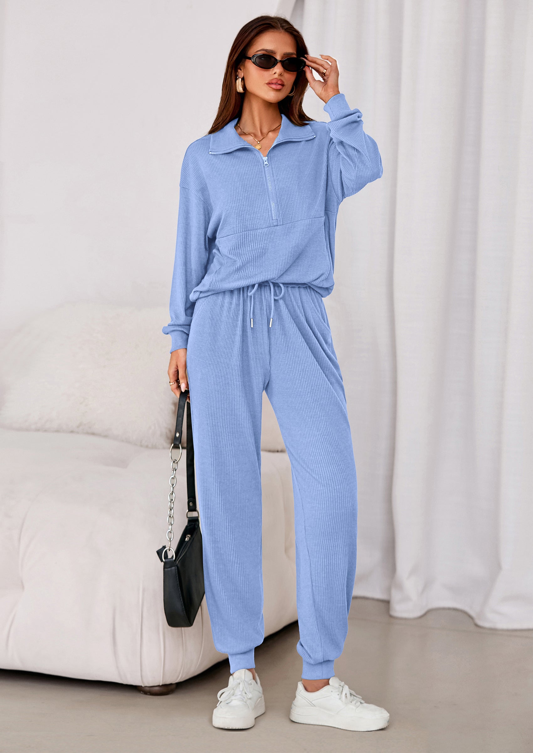 Chichi Women's Fall 2 Piece Lounge Sets Zip Up Sweatshirt Jogger Pants Sweat Track Suits Travel Outfit Winter Clothing Light Blue