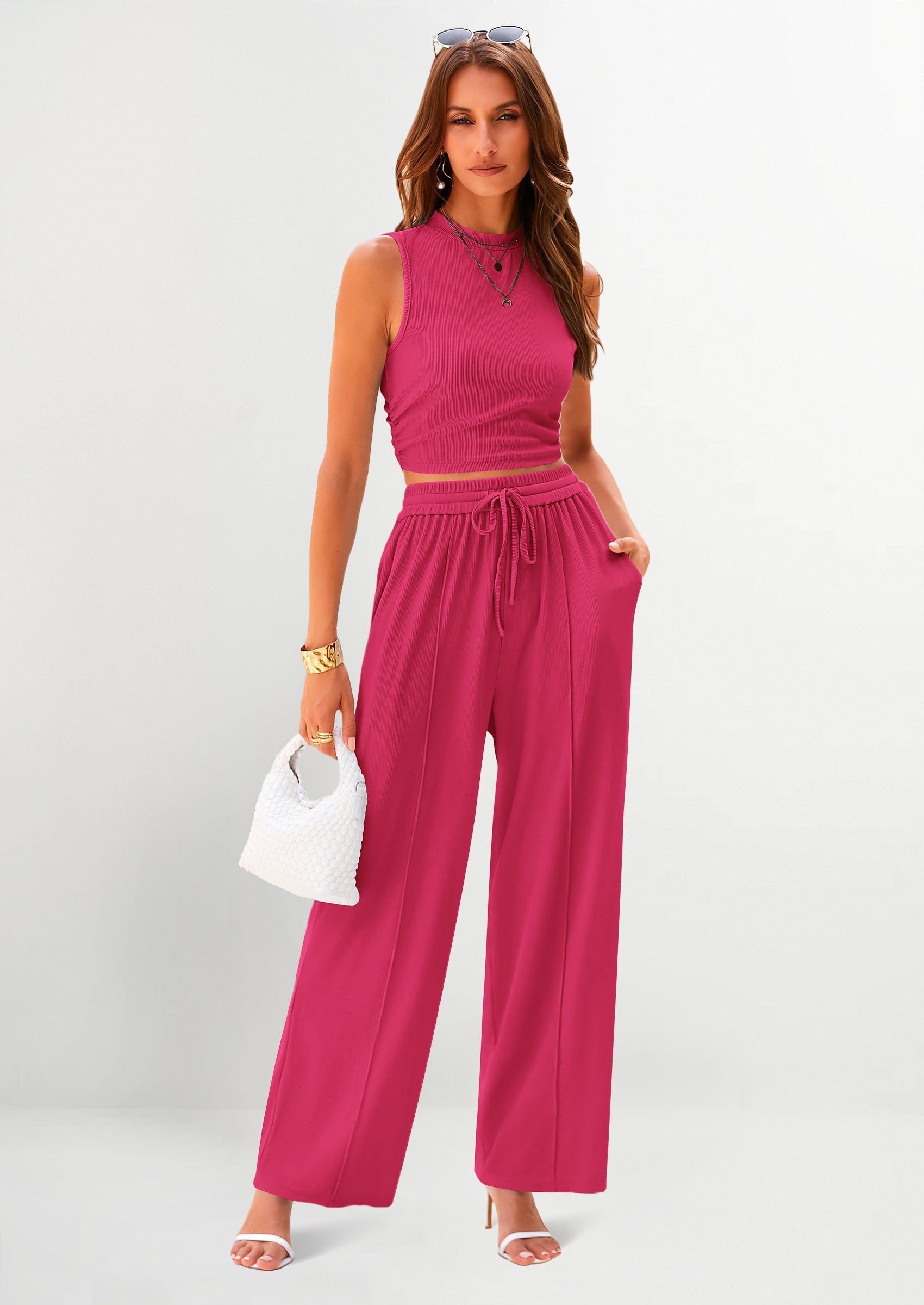 Chichi 2 Piece Sets Sleeveless Tank Ribbed Travel Vacation Lounge Wear Outfits Rose Red