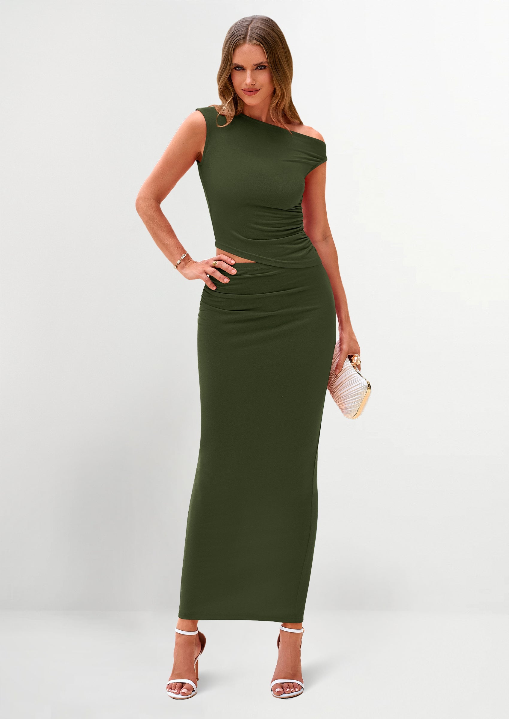 Chichi Maxi Skirt Sets Women 2 Piece Outfits Summer Spring One Shoulder Sleeveless Ruched Bodycon Long Skirts Army Green