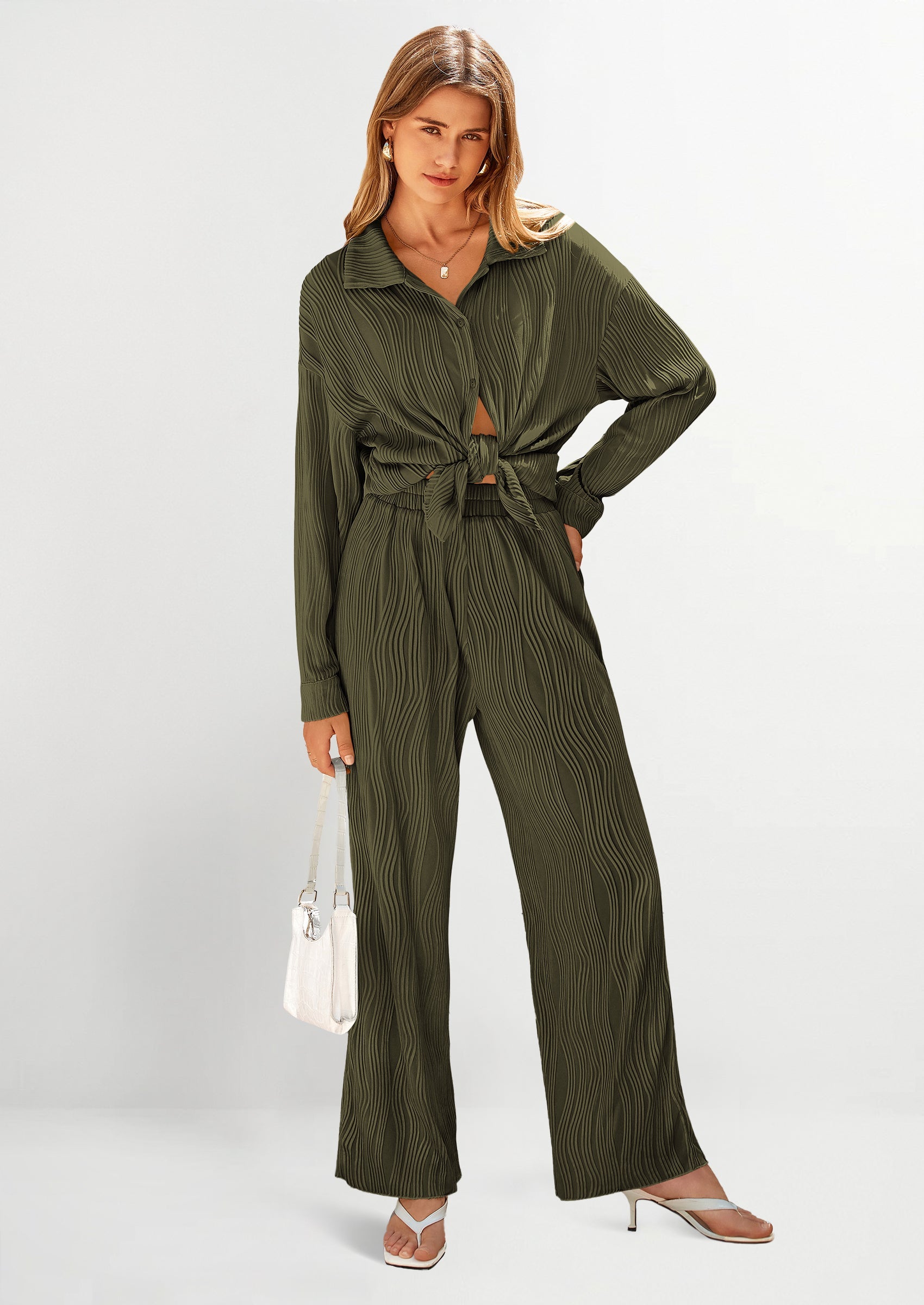 Chichi 2 Piece Textured Sets Casual Button Down Shirt Wide Leg Pants Outfit Loungewear Tracksuit Army Green