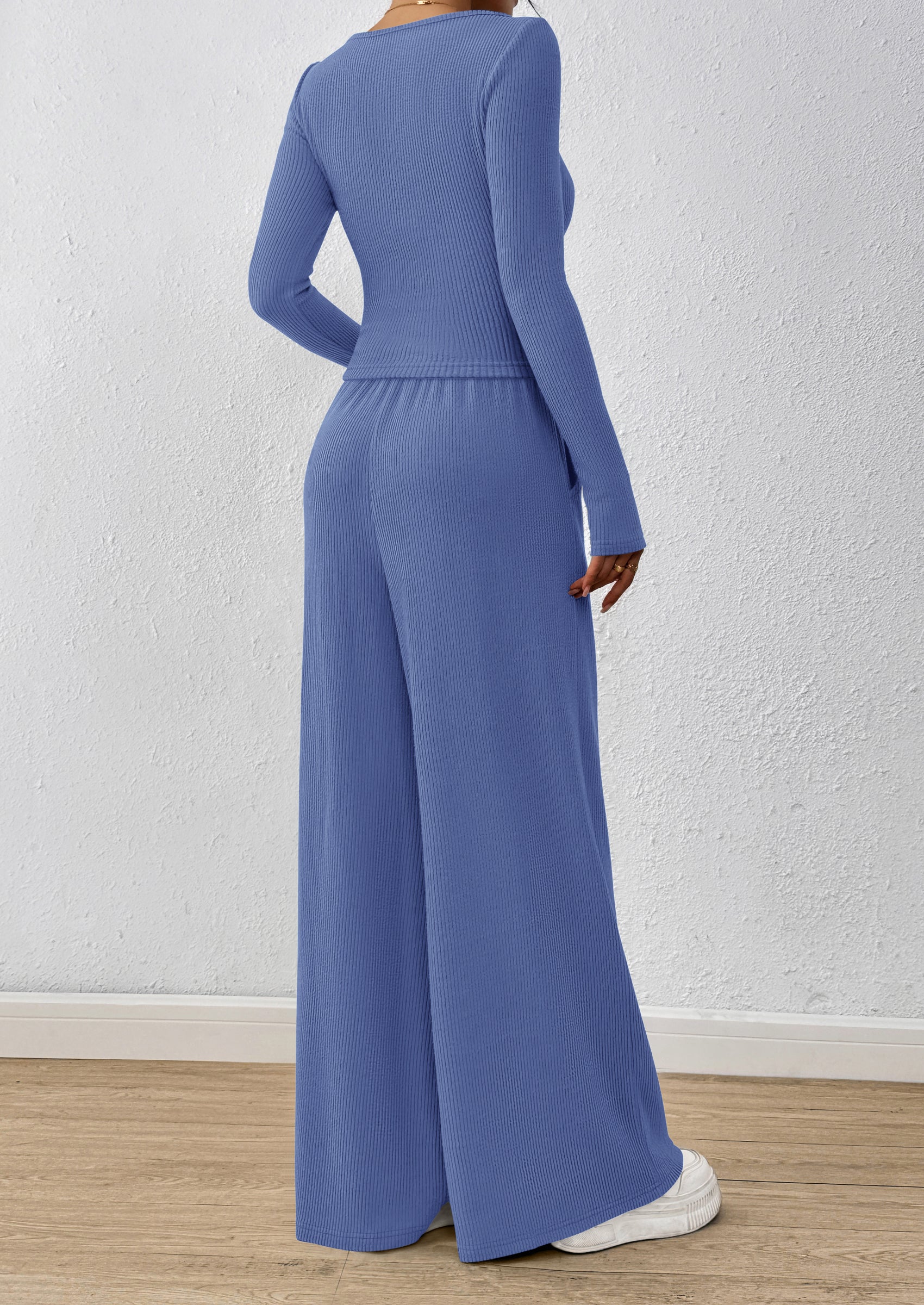 Chichi Women's 2 Piece Lounge Sets Fall Fashion Long Sleeve Crop Top Wide Leg Pants Matching Sets Clothing Blue