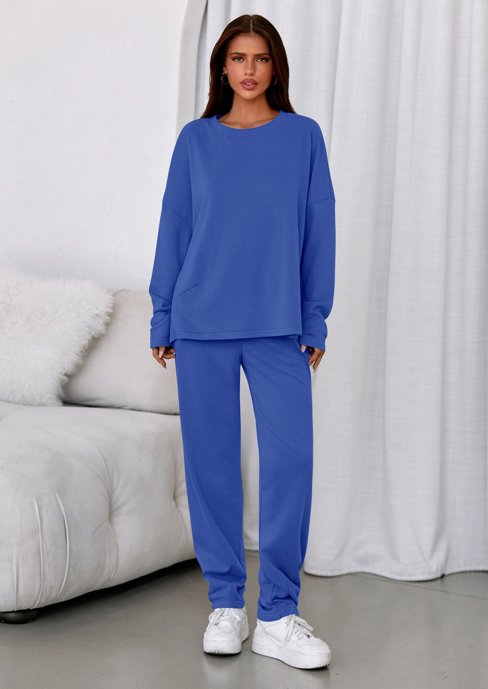 Chichi Womens 2 Piece Matching Lounge Sets Fall Long Sleeve Boatneck Sweatsuit Drawstring Sweatpants Pockets Blue
