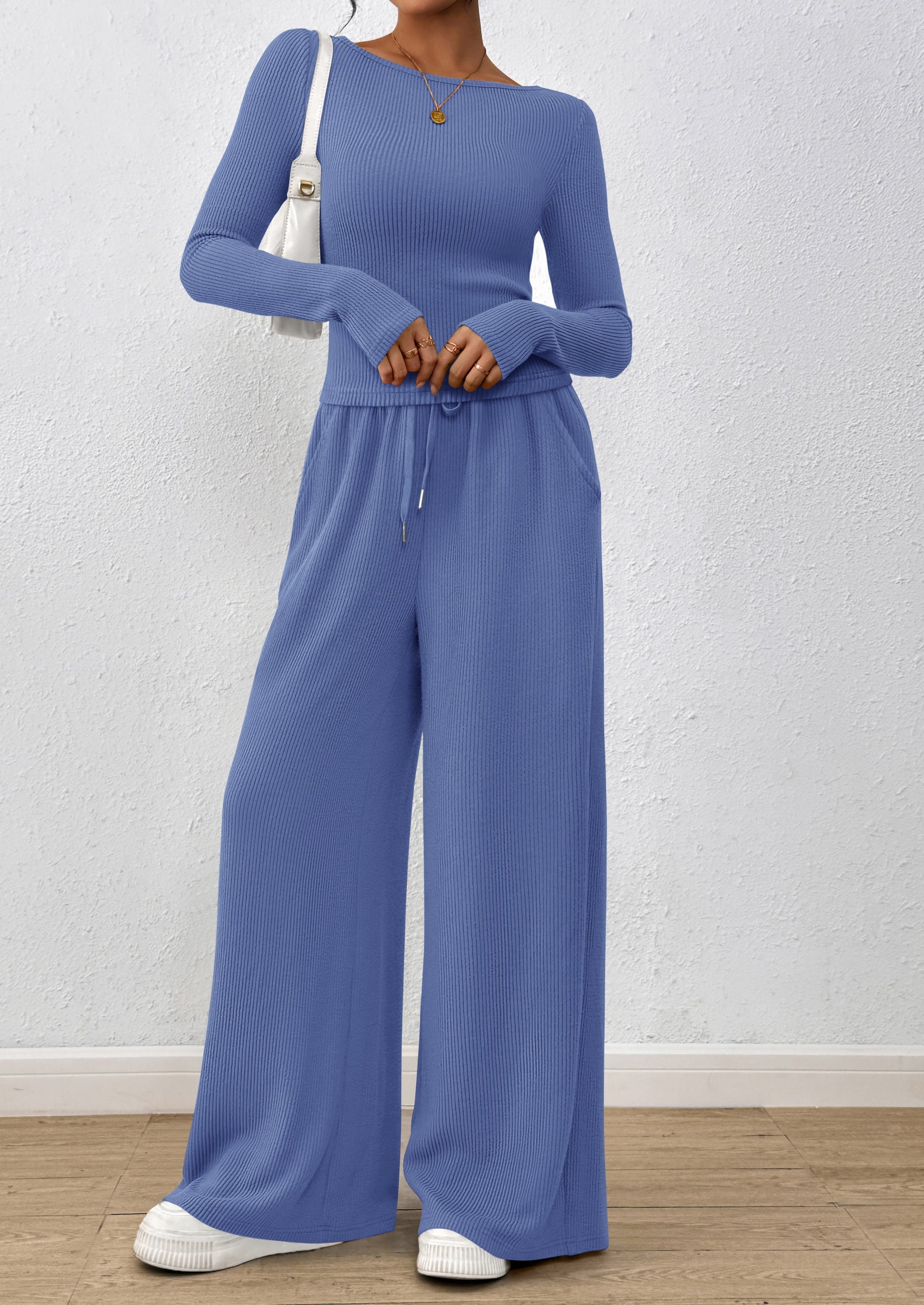 Chichi Women's 2 Piece Lounge Sets Fall Fashion Long Sleeve Crop Top Wide Leg Pants Matching Sets Clothing Blue