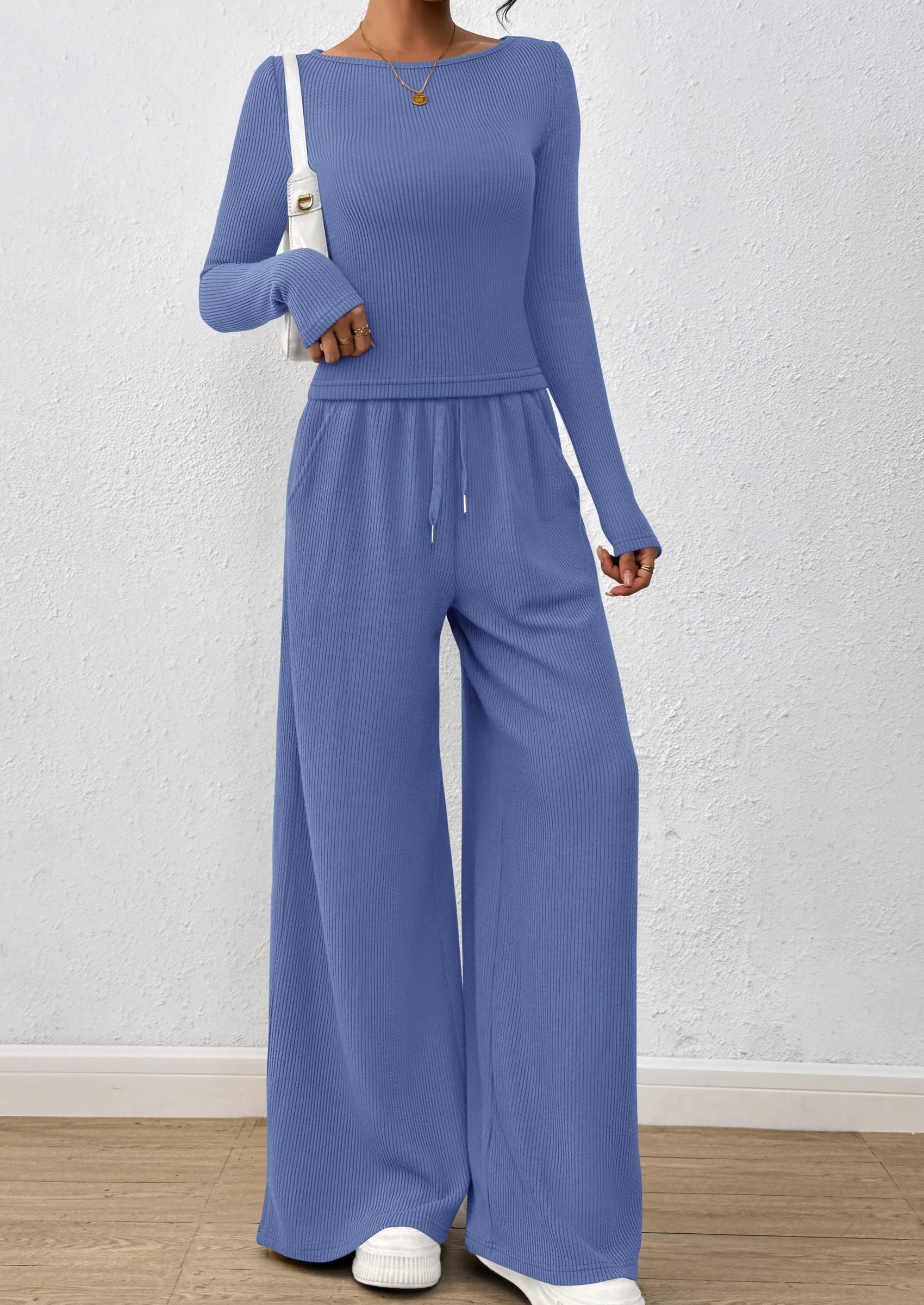 Chichi Women's 2 Piece Lounge Sets Fall Fashion Long Sleeve Crop Top Wide Leg Pants Matching Sets Clothing Blue