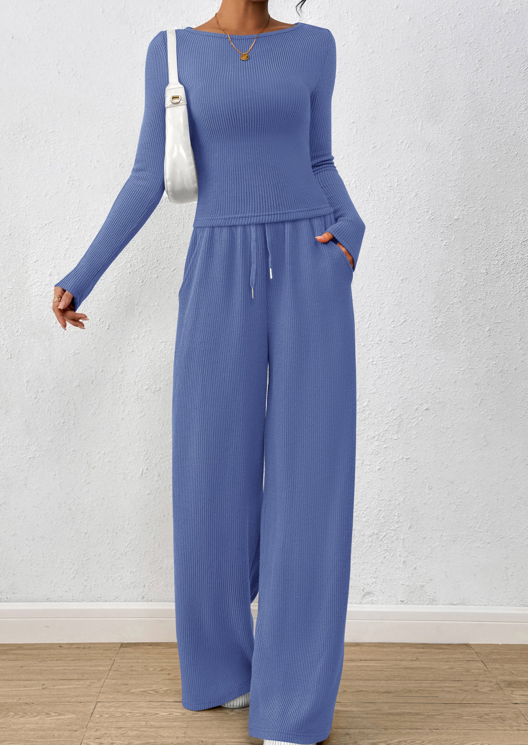 Chichi Women's 2 Piece Lounge Sets Fall Fashion Long Sleeve Crop Top Wide Leg Pants Matching Sets Clothing Blue