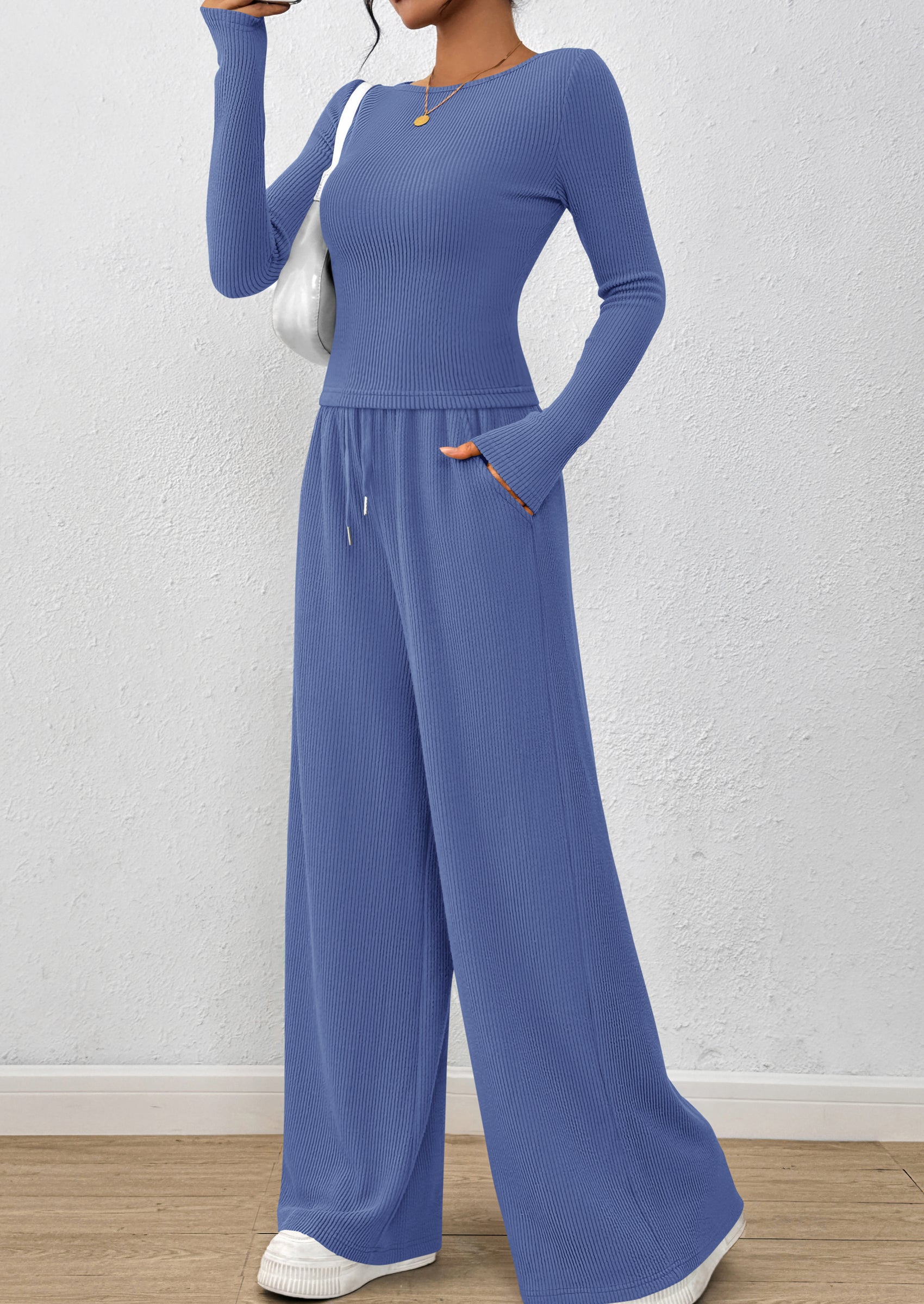 Chichi Women's 2 Piece Lounge Sets Fall Fashion Long Sleeve Crop Top Wide Leg Pants Matching Sets Clothing Blue