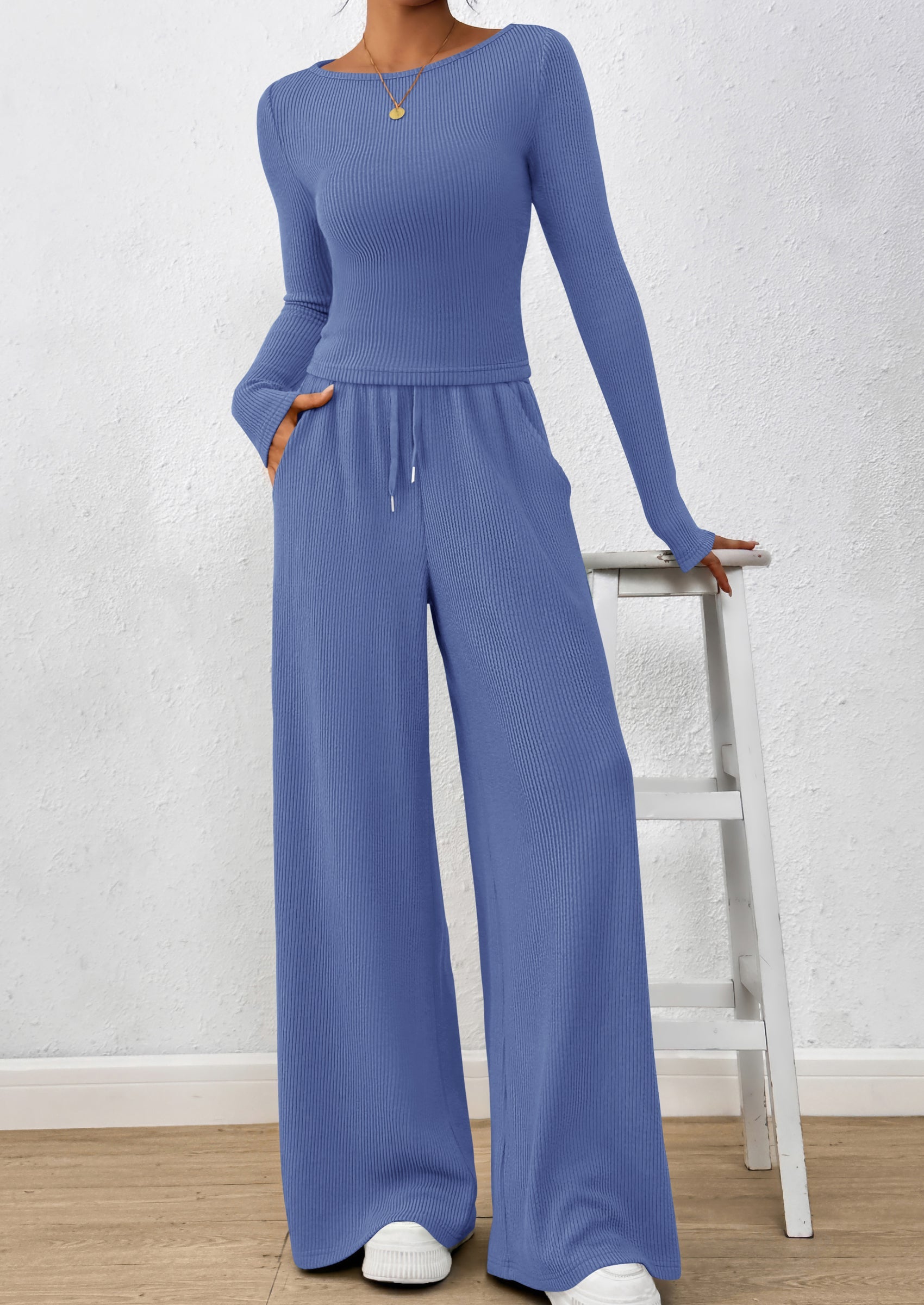 Chichi Women's 2 Piece Lounge Sets Fall Fashion Long Sleeve Crop Top Wide Leg Pants Matching Sets Clothing Blue