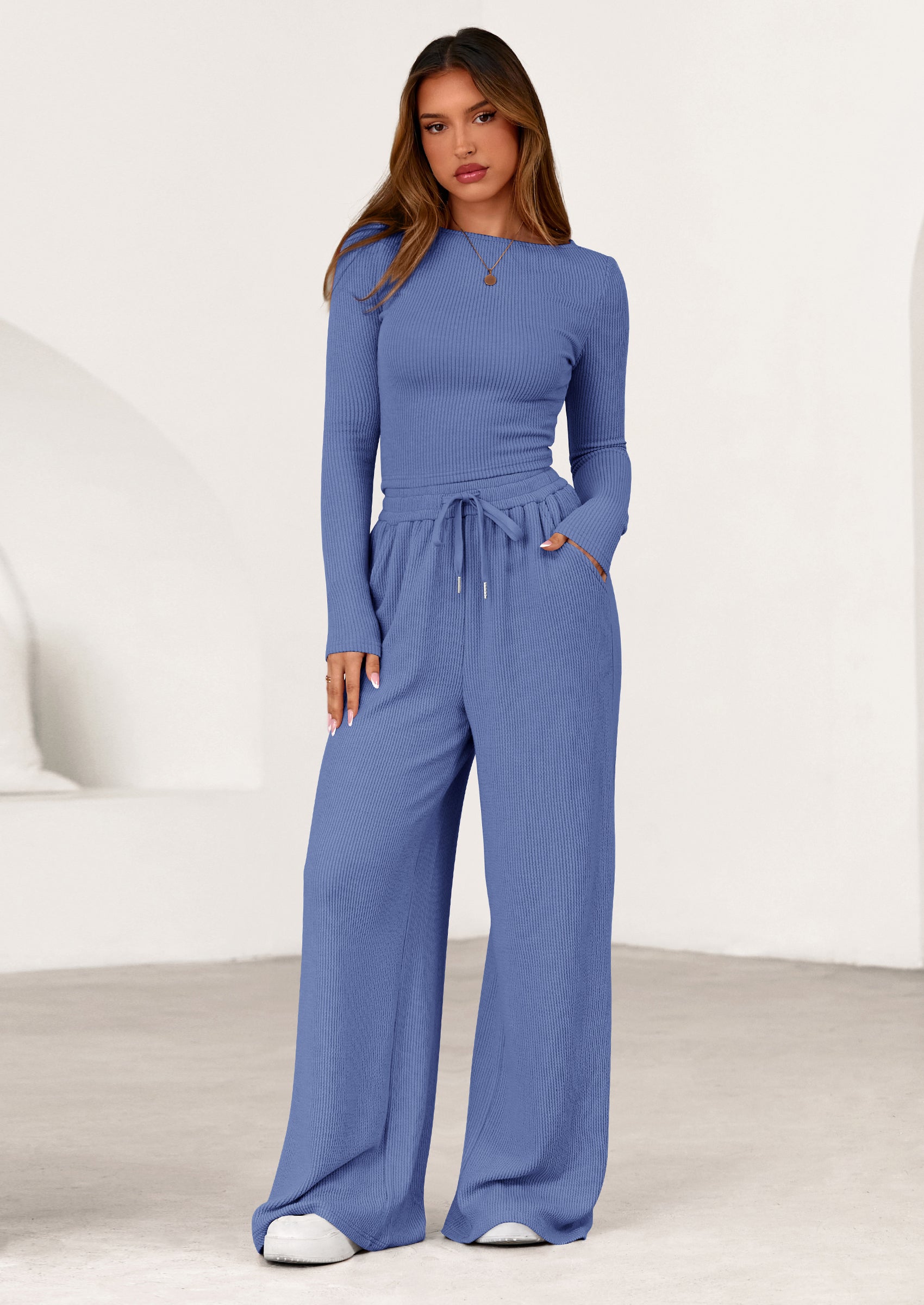 Chichi Women's 2 Piece Lounge Sets Fall Fashion Long Sleeve Crop Top Wide Leg Pants Matching Sets Clothing Blue