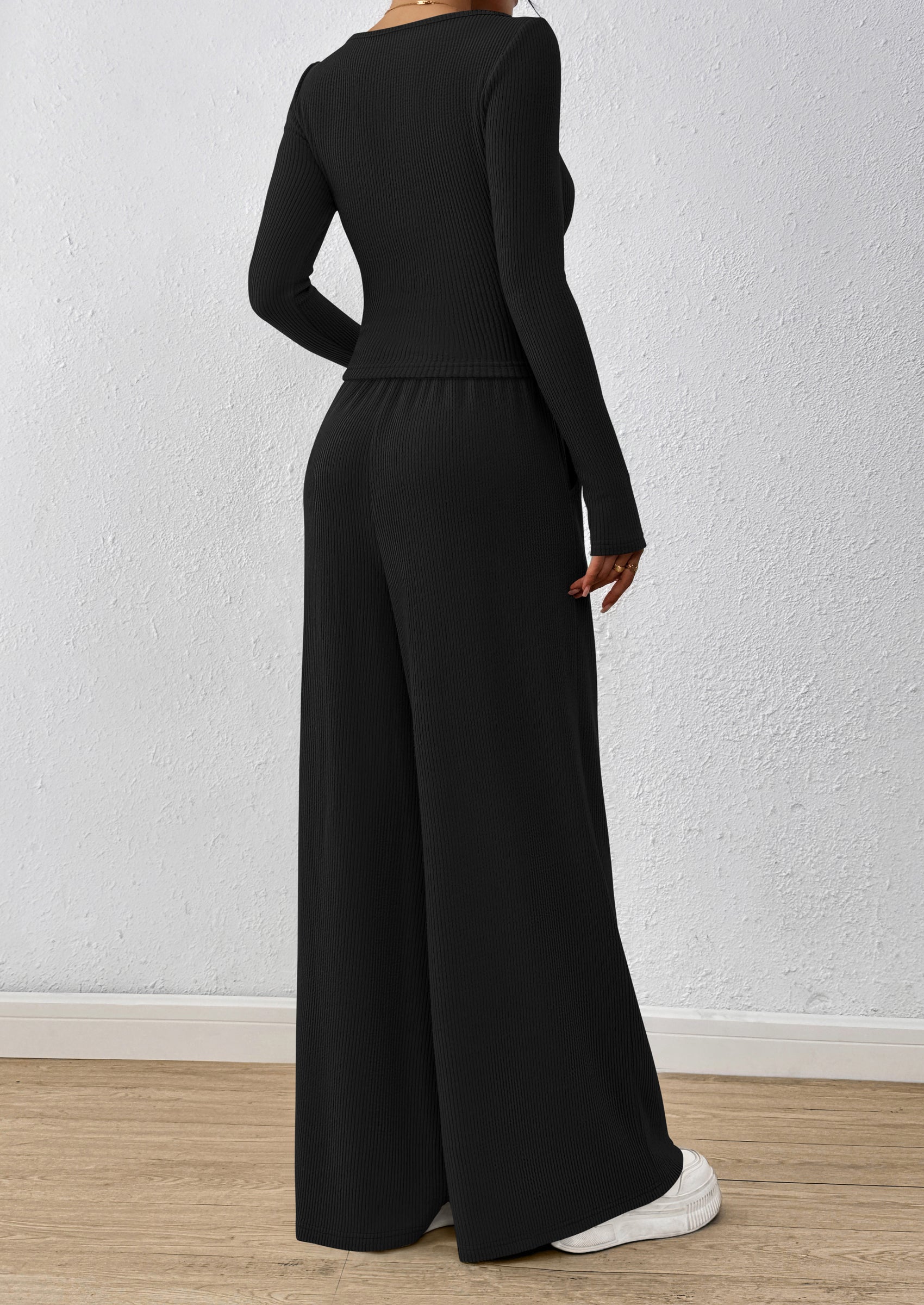 Chichi Women's 2 Piece Lounge Sets Fall Fashion Long Sleeve Crop Top Wide Leg Pants Matching Sets Clothing Black