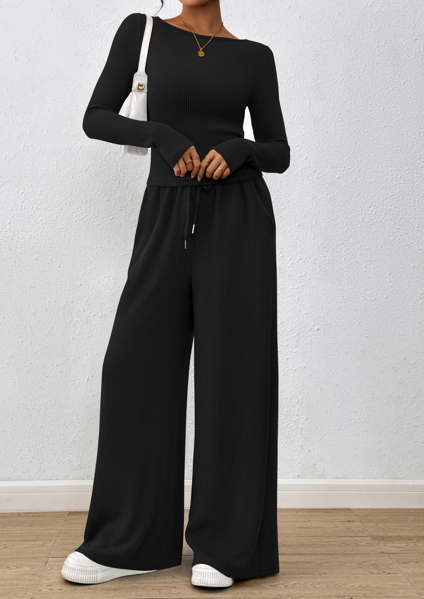 Chichi Women's 2 Piece Lounge Sets Fall Fashion Long Sleeve Crop Top Wide Leg Pants Matching Sets Clothing Black