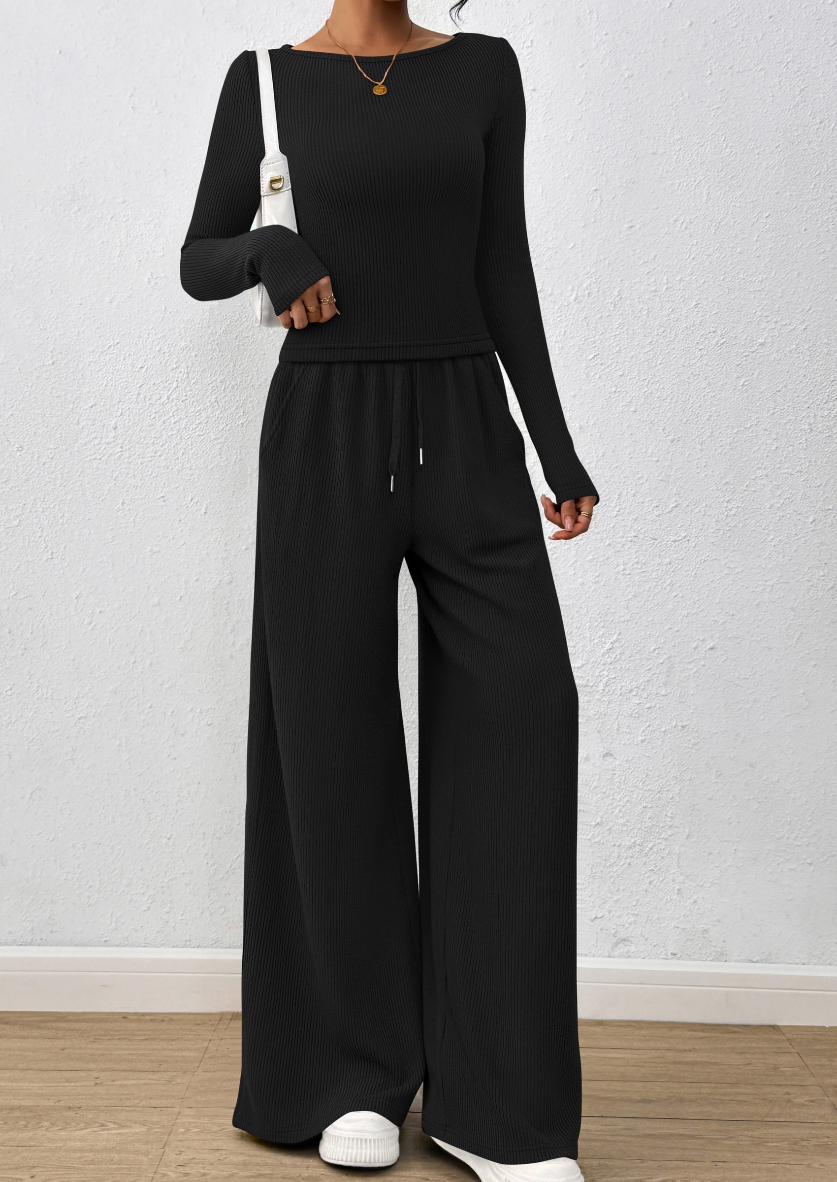Chichi Women's 2 Piece Lounge Sets Fall Fashion Long Sleeve Crop Top Wide Leg Pants Matching Sets Clothing Black