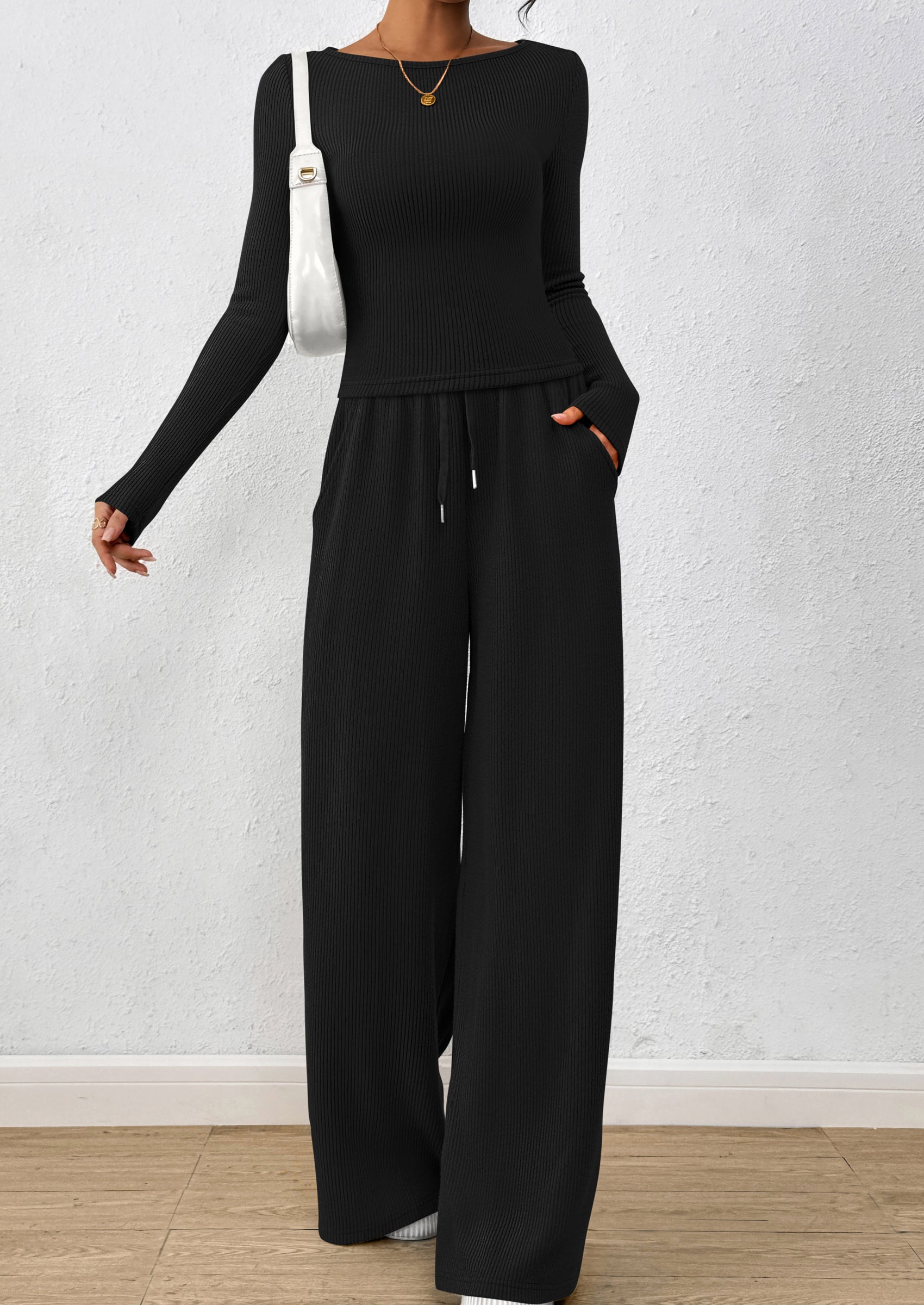 Chichi Women's 2 Piece Lounge Sets Fall Fashion Long Sleeve Crop Top Wide Leg Pants Matching Sets Clothing Black