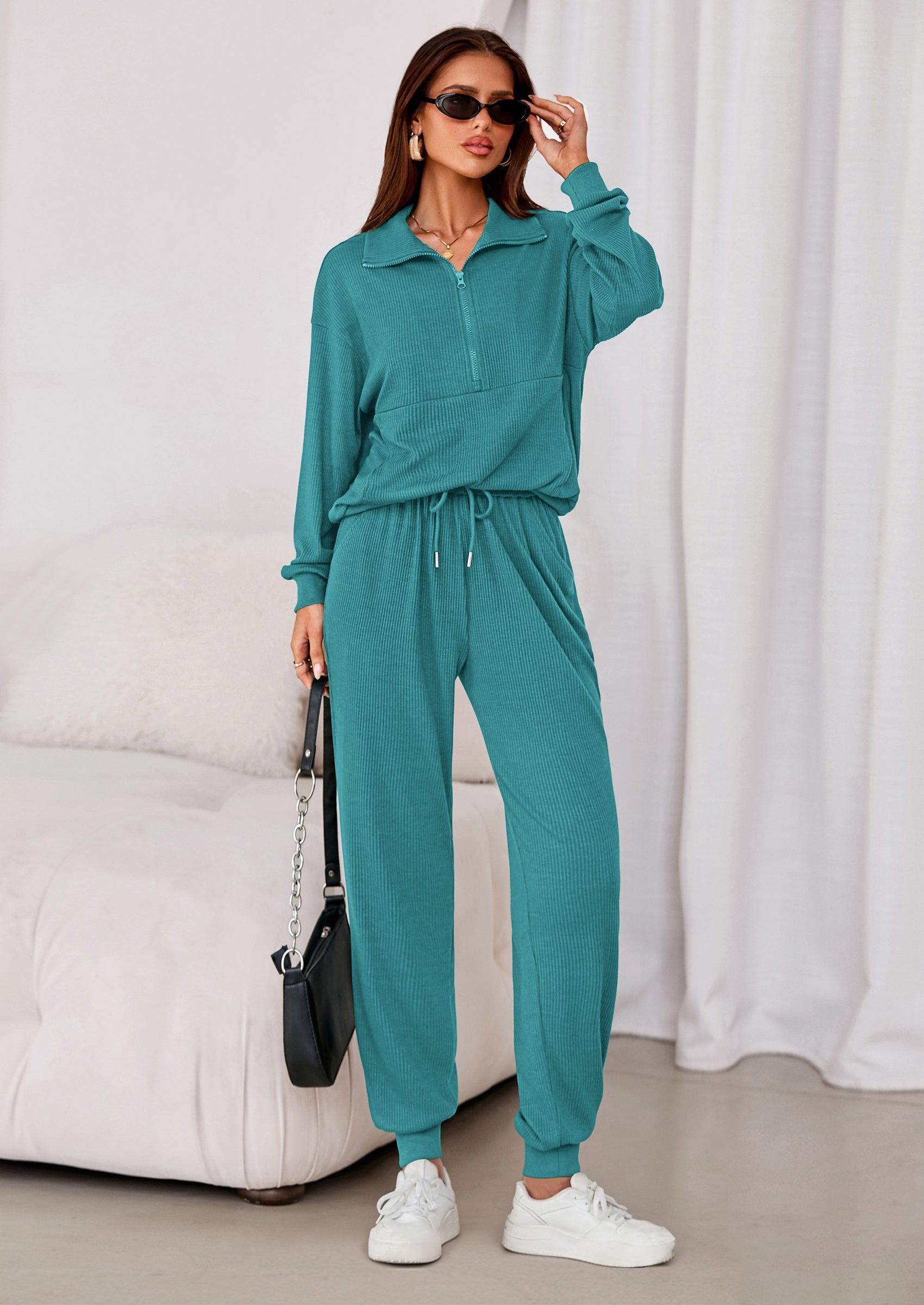Chichi Women's Fall 2 Piece Lounge Sets Zip Up Sweatshirt Jogger Pants Sweat Track Suits Travel Outfit Winter Clothing Light Green