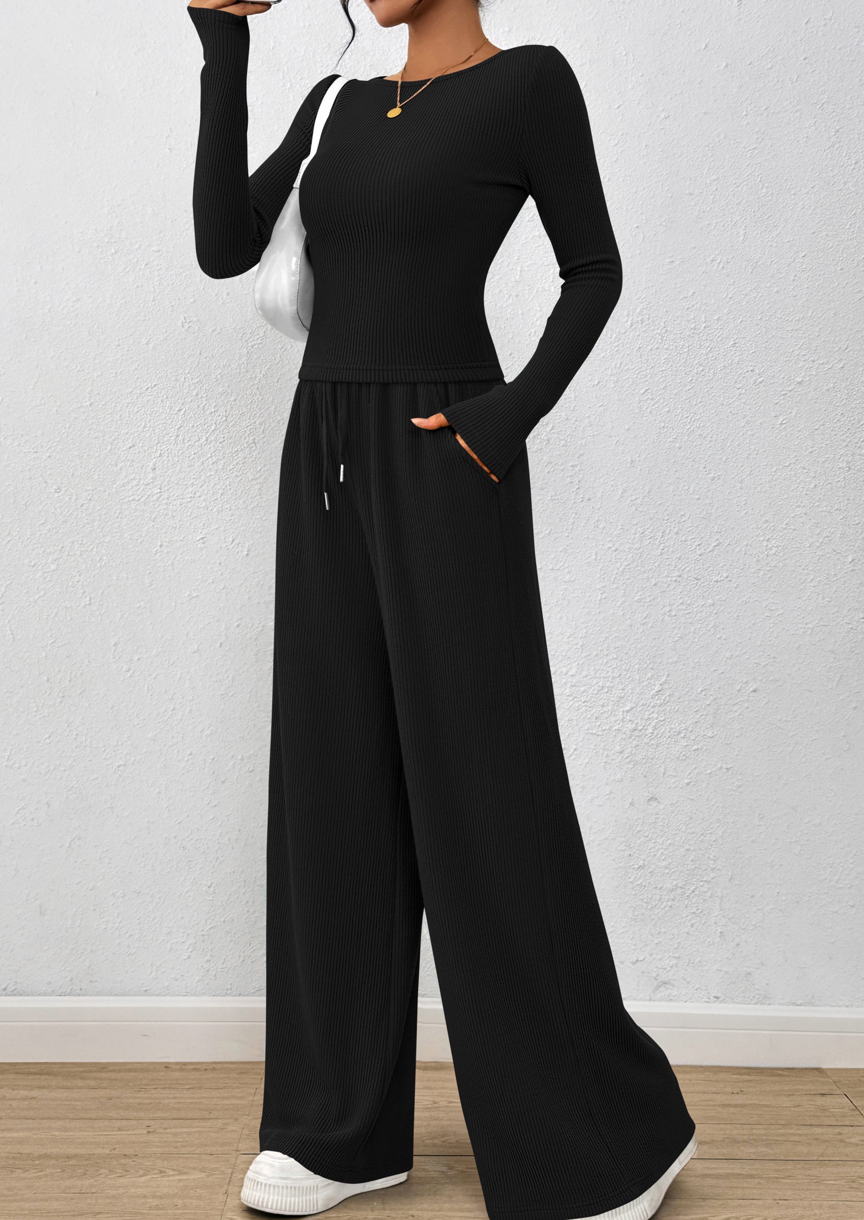 Chichi Women's 2 Piece Lounge Sets Fall Fashion Long Sleeve Crop Top Wide Leg Pants Matching Sets Clothing Black