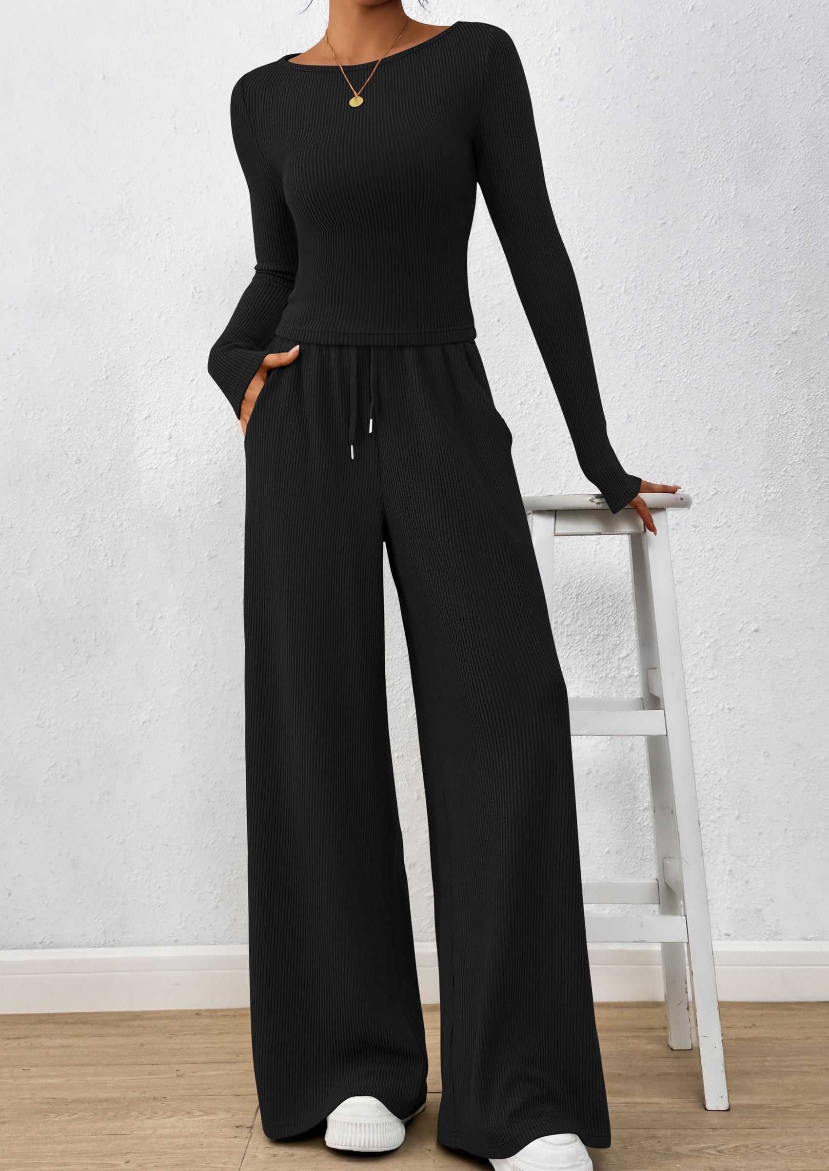 Chichi Women's 2 Piece Lounge Sets Fall Fashion Long Sleeve Crop Top Wide Leg Pants Matching Sets Clothing Black