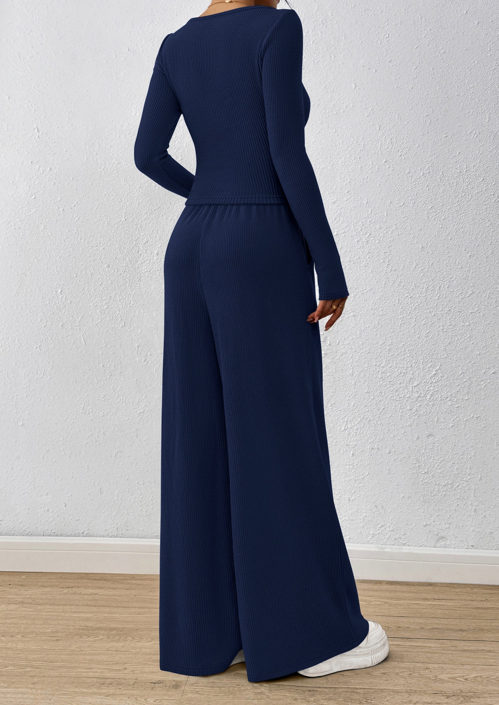 Chichi Women's 2 Piece Lounge Sets Fall Fashion Long Sleeve Crop Top Wide Leg Pants Matching Sets Clothing Navy