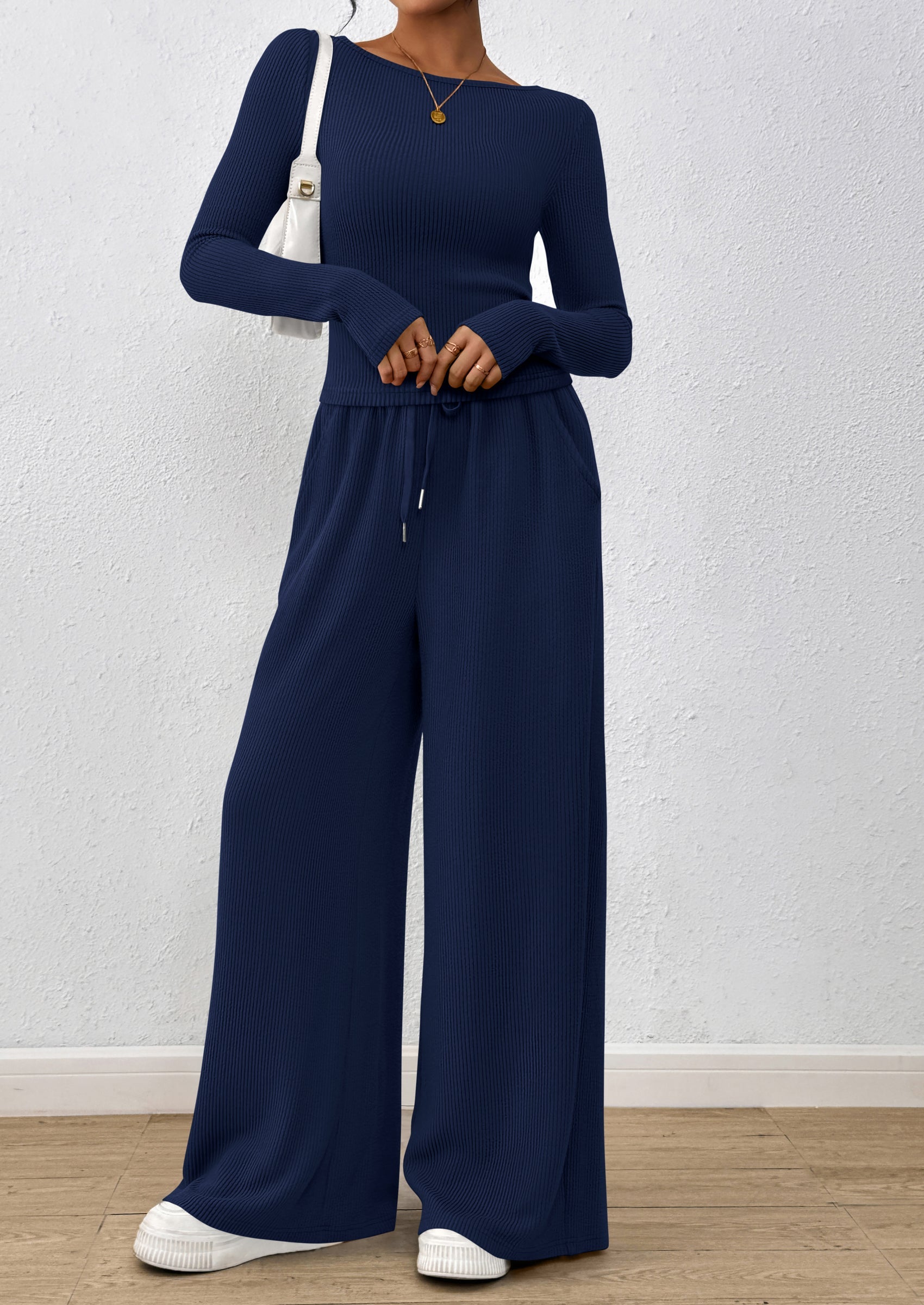 Chichi Women's 2 Piece Lounge Sets Fall Fashion Long Sleeve Crop Top Wide Leg Pants Matching Sets Clothing Navy