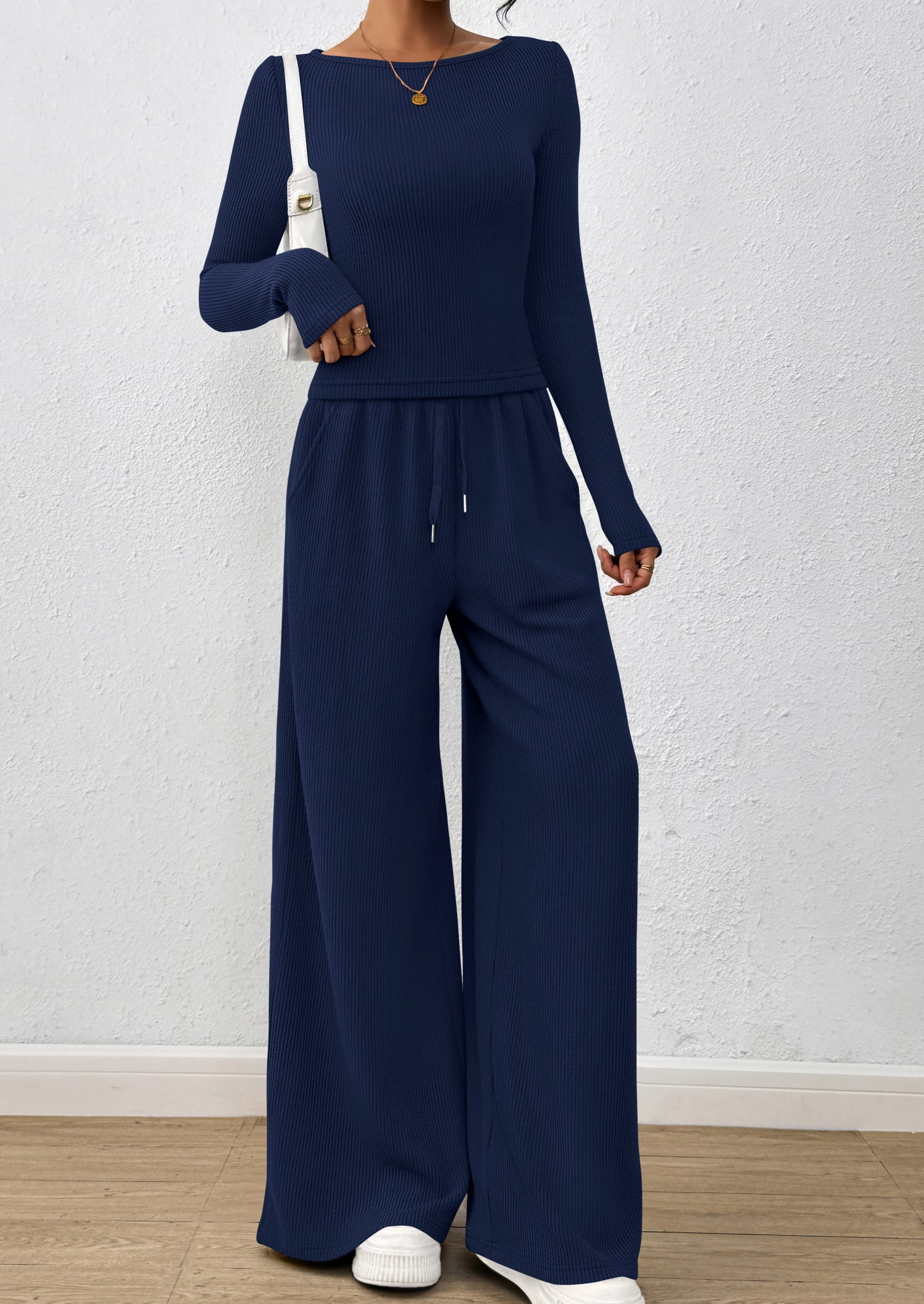 Chichi Women's 2 Piece Lounge Sets Fall Fashion Long Sleeve Crop Top Wide Leg Pants Matching Sets Clothing Navy