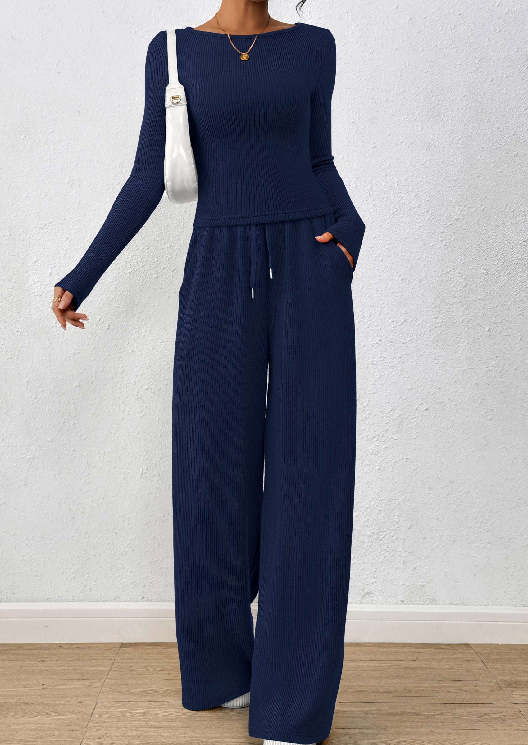 Chichi Women's 2 Piece Lounge Sets Fall Fashion Long Sleeve Crop Top Wide Leg Pants Matching Sets Clothing Navy