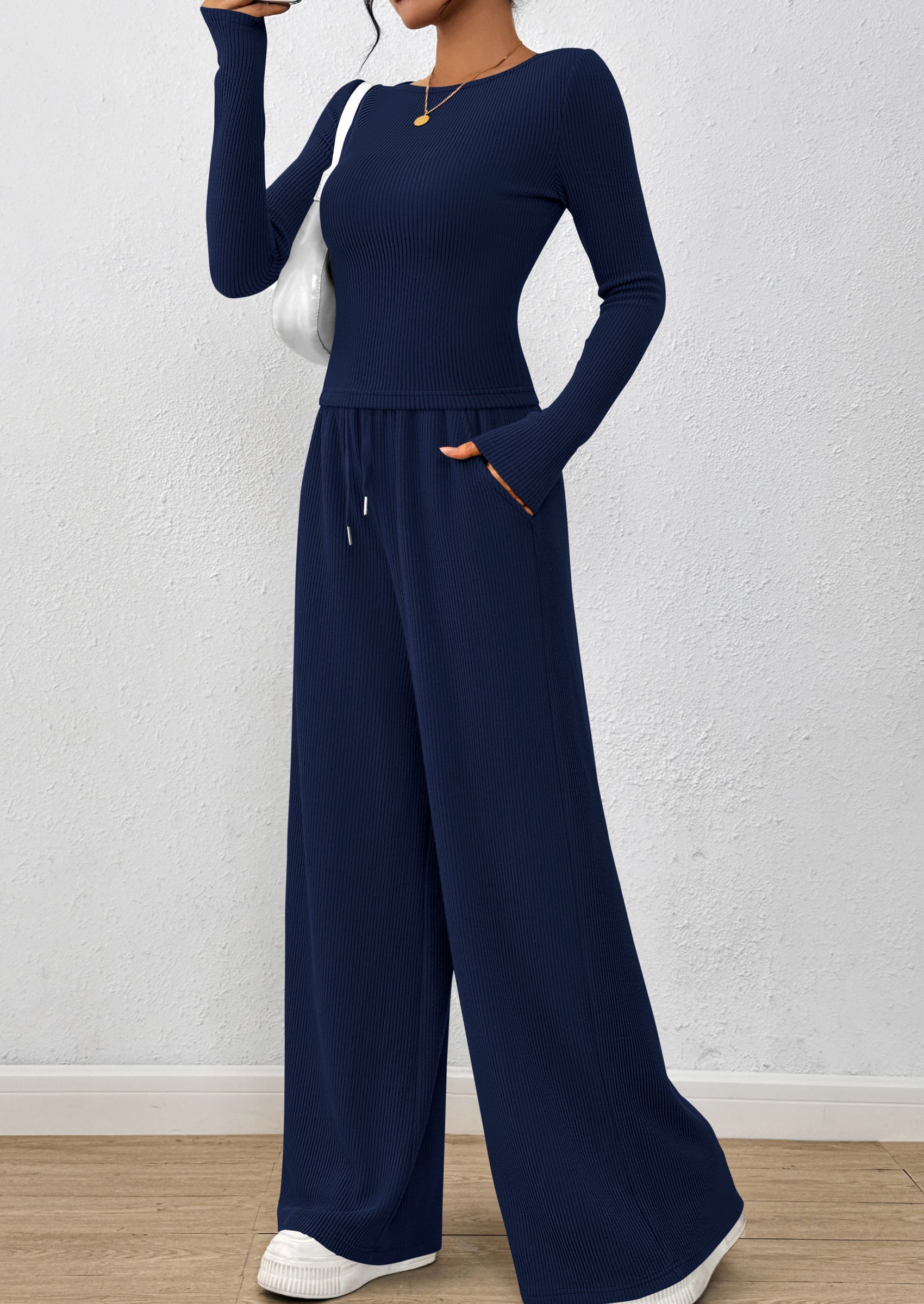 Chichi Women's 2 Piece Lounge Sets Fall Fashion Long Sleeve Crop Top Wide Leg Pants Matching Sets Clothing Navy