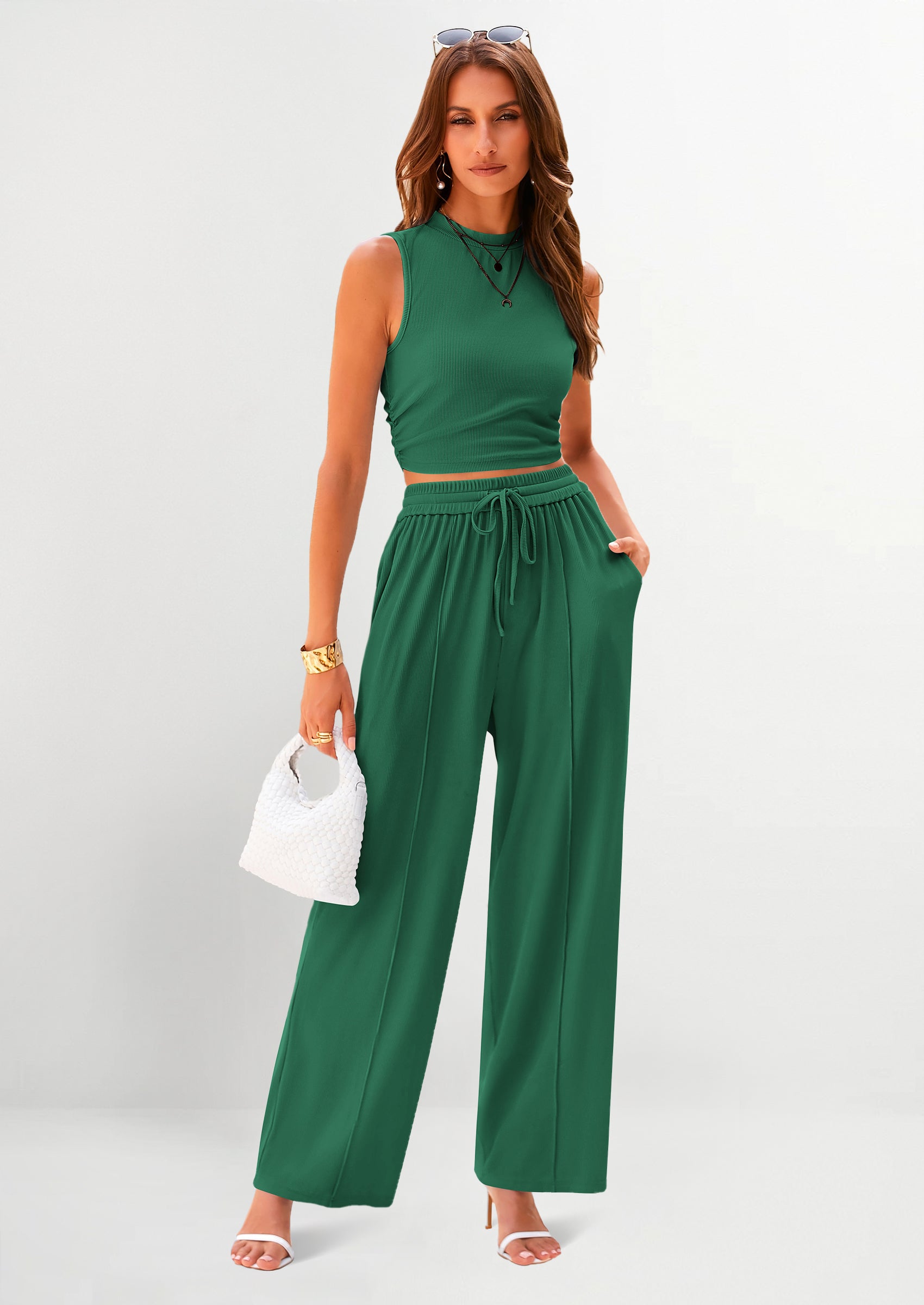 Chichi 2 Piece Sets Sleeveless Tank Ribbed Travel Vacation Lounge Wear Outfits Green