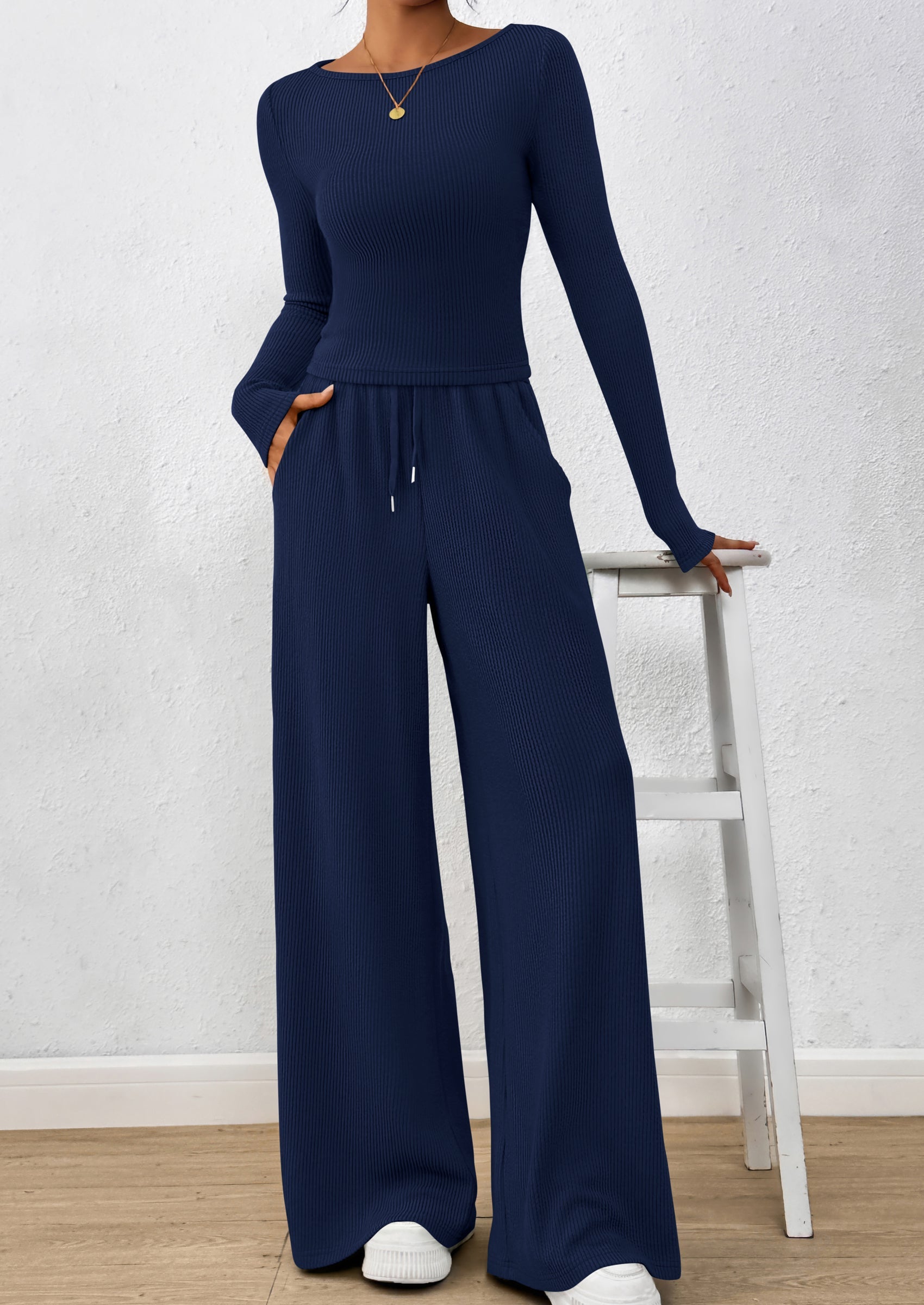 Chichi Women's 2 Piece Lounge Sets Fall Fashion Long Sleeve Crop Top Wide Leg Pants Matching Sets Clothing Navy