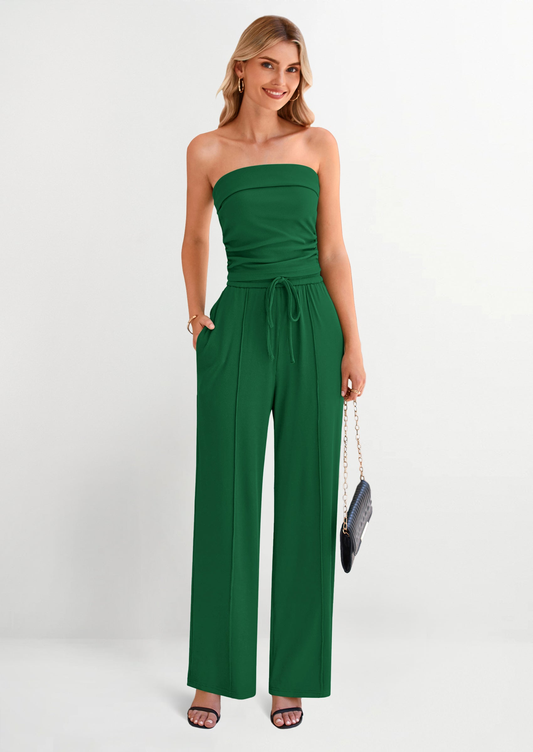 Chichi 2 Piece Sets Casual Ribbed Knit Crop Tube Top Wide Leg Pants Lounge Set Green