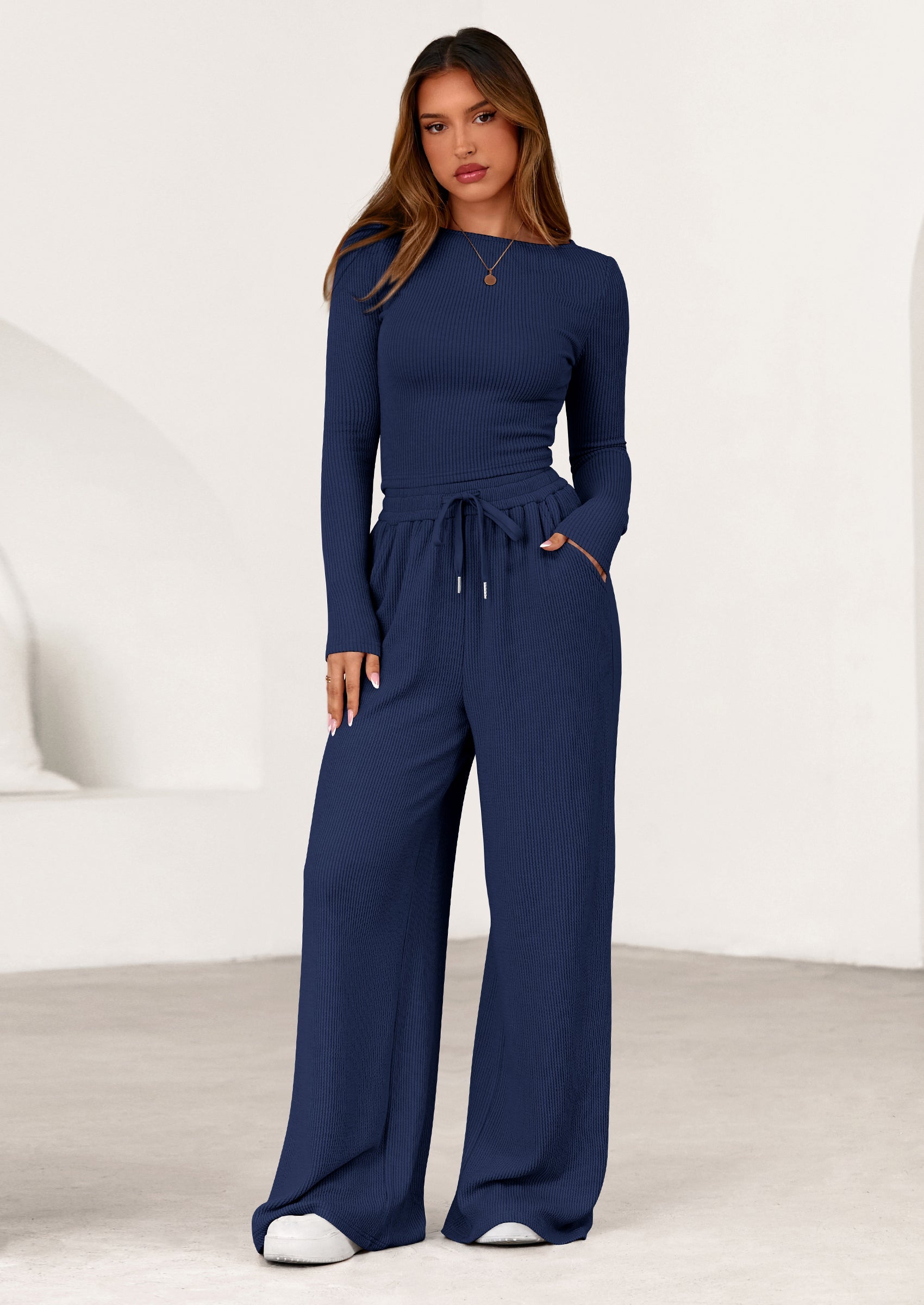 Chichi Women's 2 Piece Lounge Sets Fall Fashion Long Sleeve Crop Top Wide Leg Pants Matching Sets Clothing Navy