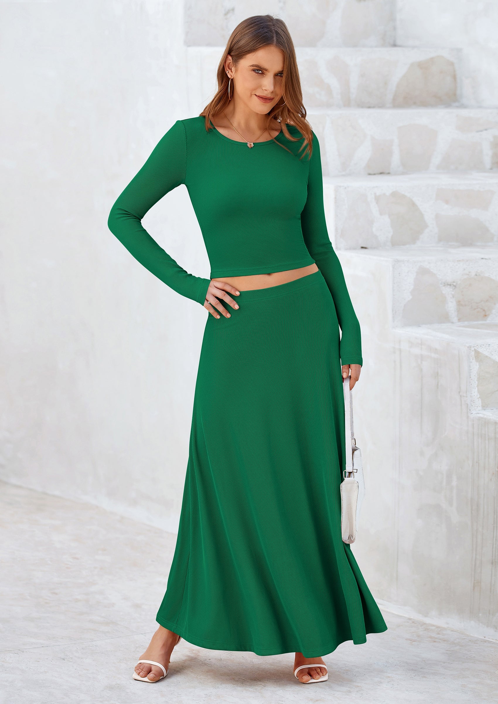Chichi 2 Piece Casual Ribbed Knit Long Sleeve Crop Tops Maxi Flowy Skirts Matching Sets Green